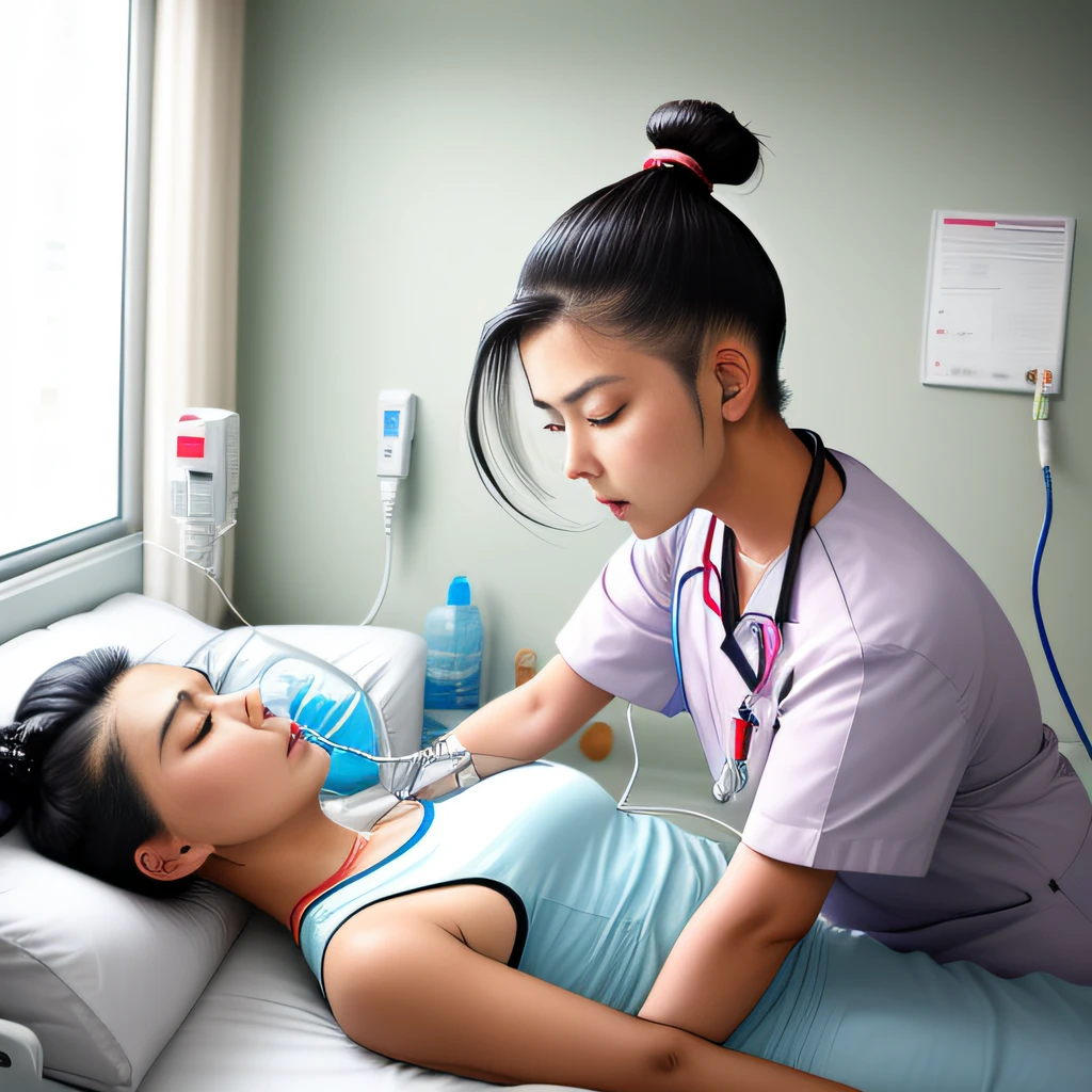 an asian woman(asian brown skin, undercut topknot hair)in bed,asleep{(eyes closed)}. mouth connected with oxygen tube, IV injection. Setting: hospital