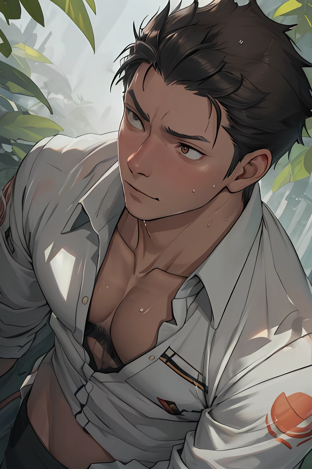 quadratic element,style of anime,male people,(full bodyesbian),masculine features,musculature,The proportions are correct,Face details,Young men,Tie shirt,perspired,Sweat on the face,Neck details,There is an Adam's apple,Get wet,Drenched,校服,clothes details,longer sleeves,Game quality,Light and shadow tracking,Ray traching,detailed glow, CG rendering,hair detail,with short black hair,Golden eyes,detail in face,facial closeups,Sweat on the face,mtu,full bodyesbian,virile,Handsome,Beads of sweat slipped down my neck,Tall and mighty,Clothing is complicated,Drenched,Get wet,Perfectcomposition,Refinement,closeup cleavage,high qulity,higher details,Face details,Lots of details,The background is complex,a sense of atmosphere,