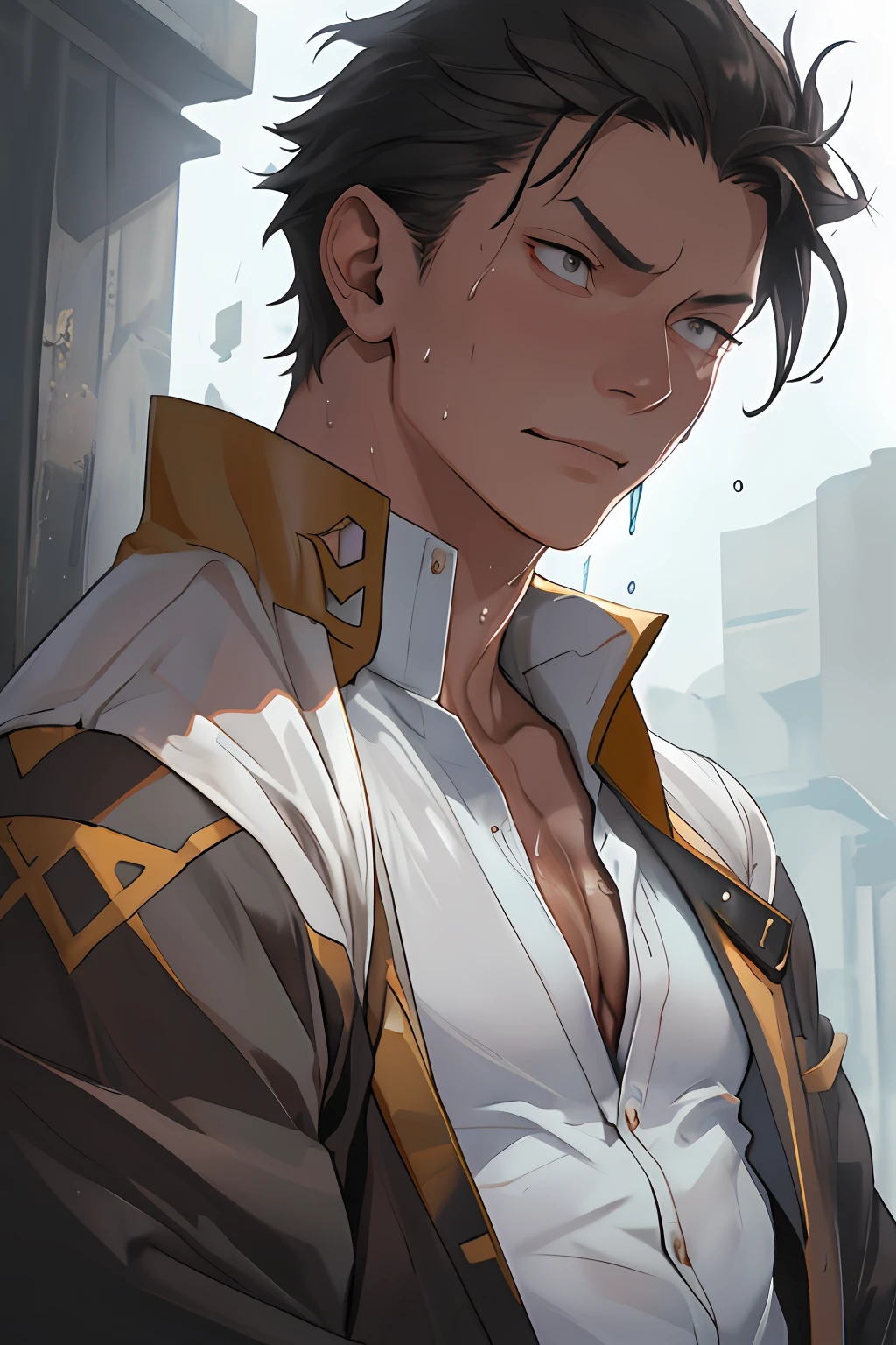 quadratic element，style of anime，male people，（full bodyesbian），masculine features，musculature，The proportions are correct，Face details，Young men，Tie shirt，perspired，Sweat on the face，Neck details，There is an Adam's apple，Get wet，Drenched，校服，clothes details，longer sleeves，Game quality，Light and shadow tracking，Ray traching，detailed glow， CG rendering，hair detail，with short black hair，Golden eyes，detail in face，facial closeups，Sweat on the face，mtu，full bodyesbian，virile，Handsome，Beads of sweat slipped down my neck，Tall and mighty，Clothing is complicated，Drenched，Get wet，Perfectcomposition，Refinement，closeup cleavage，high qulity，higher details，Face details，Lots of details，The background is complex，a sense of atmosphere，