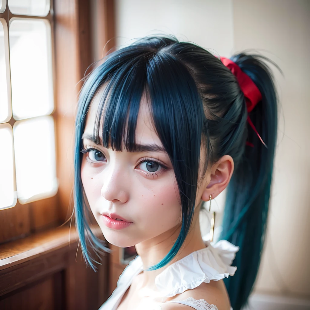 Blue hair, double ponytail, red pupils, Lolita, white silk