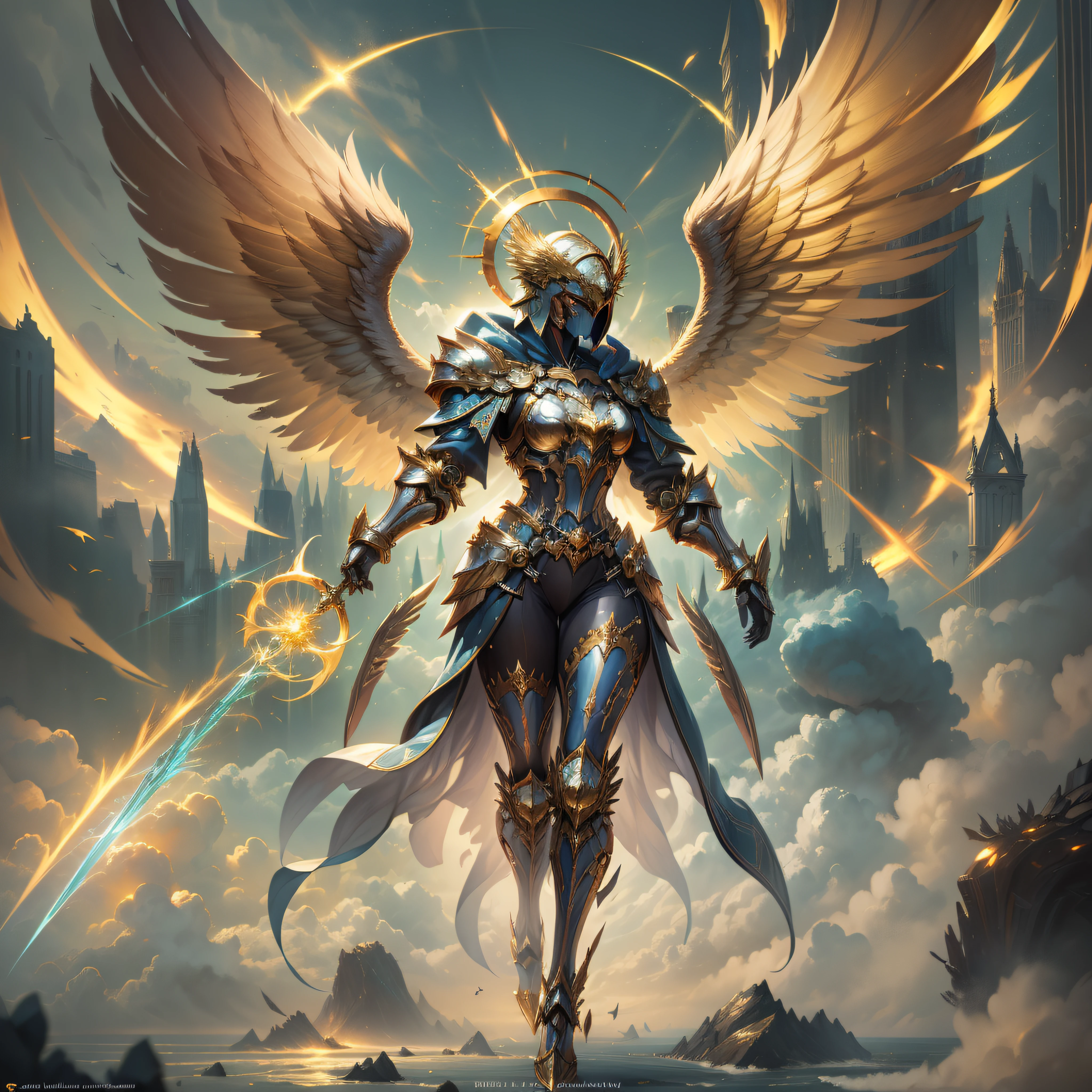Golden armored angel, wings made of energy, metal halo, no face, hooded, gold, fantasy, concept art, ultra realistic, character art by greg rutkowski