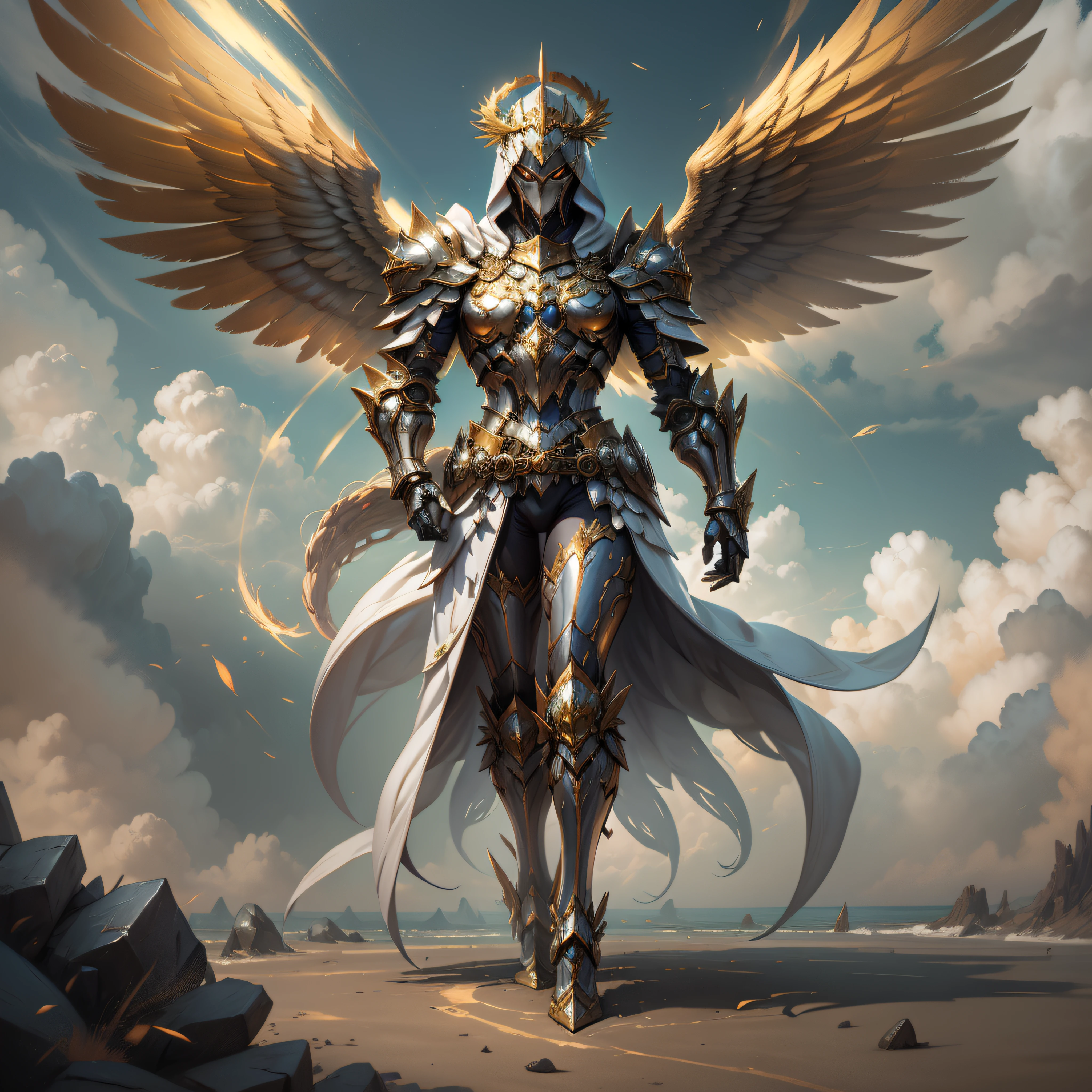 Golden armored angel, wings made of energy, metal halo, no face, hooded, gold, fantasy, concept art, ultra realistic, character art by greg rutkowski