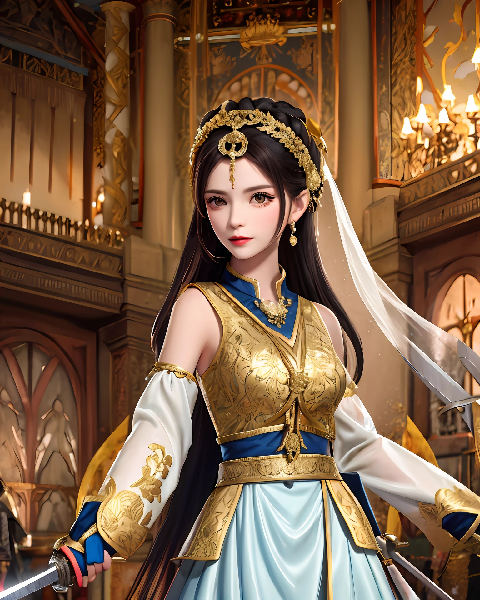 Women in ancient costume holding swords
