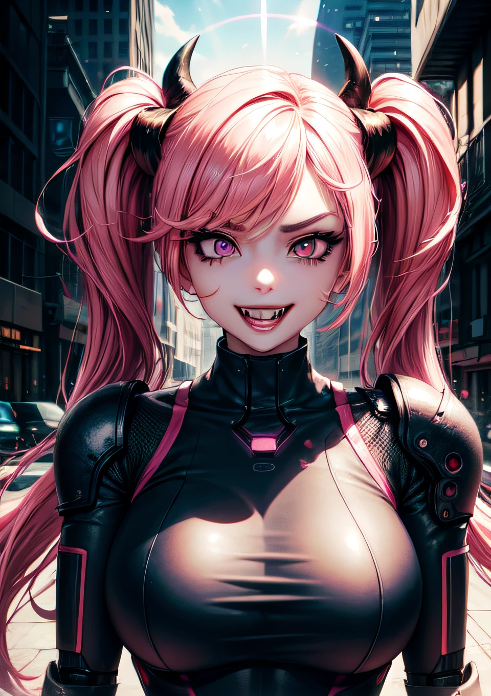 4k, twin tails ,Lens flare, pink hair ,mascara, eyeliner, god rays, 4k, 8k, best quality, masterpiece, hyper detailed, intricate detail, 1girl, solo, detailed, Detailed fuschia hair ++, detailed pink eyes ++,  raytracing, perfect shadow, highres, enhanced eyes,  huge breasts, horns,   evil grin, narrow eyebrows, seductive, fangs, hyper detailed, interesting background, , detailed face, detailed clothing. volumptuous, colourful background, futuristic setting, ai, cyberwear, robot, in the city, cyber suit, dominant,