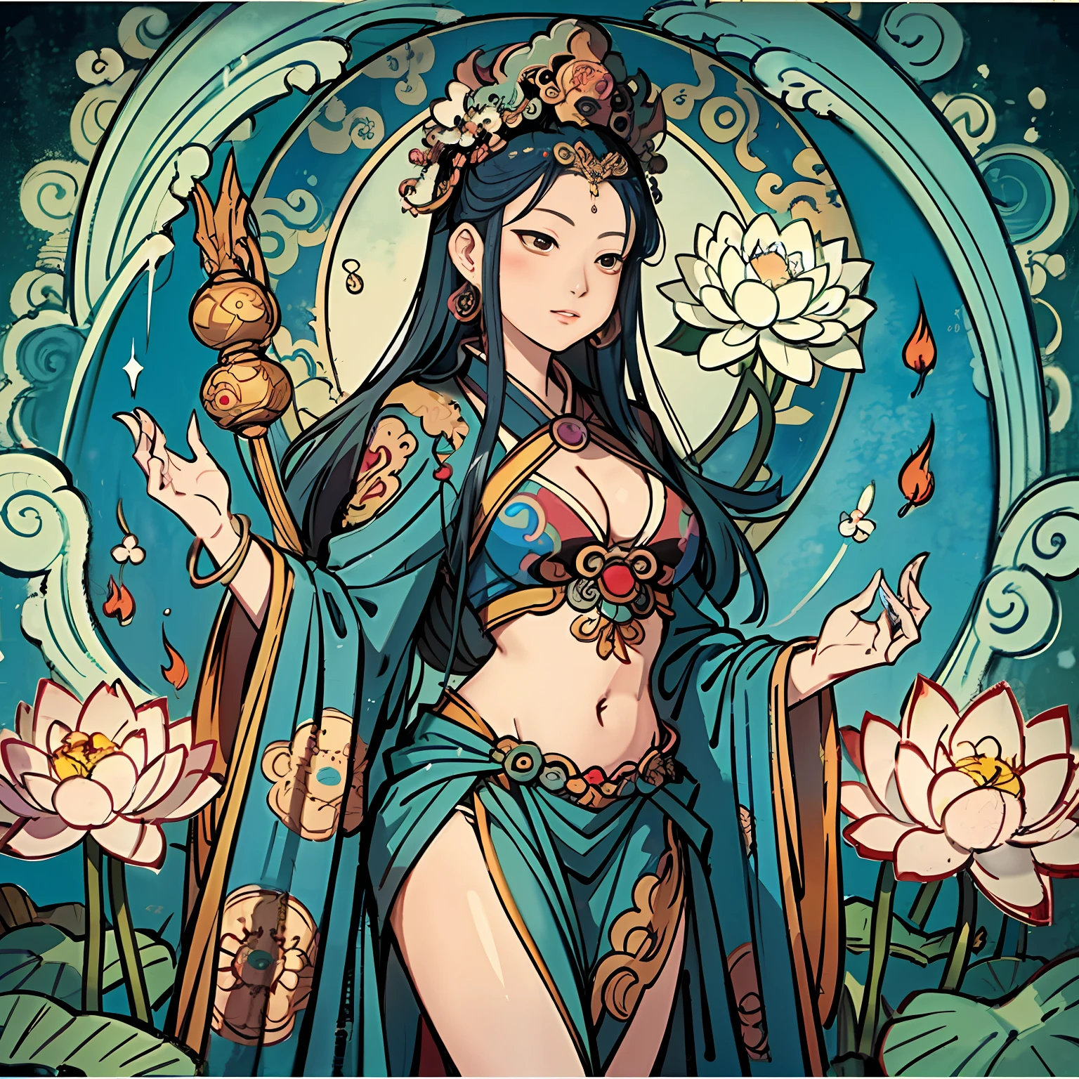 "contented female bodhisattva，guanyin of the southern seas，Serene expression，standing on a lotus，goddess of love and peace，attractive male deity，the non-binary deity of spring，goddess of nature"Thangka，