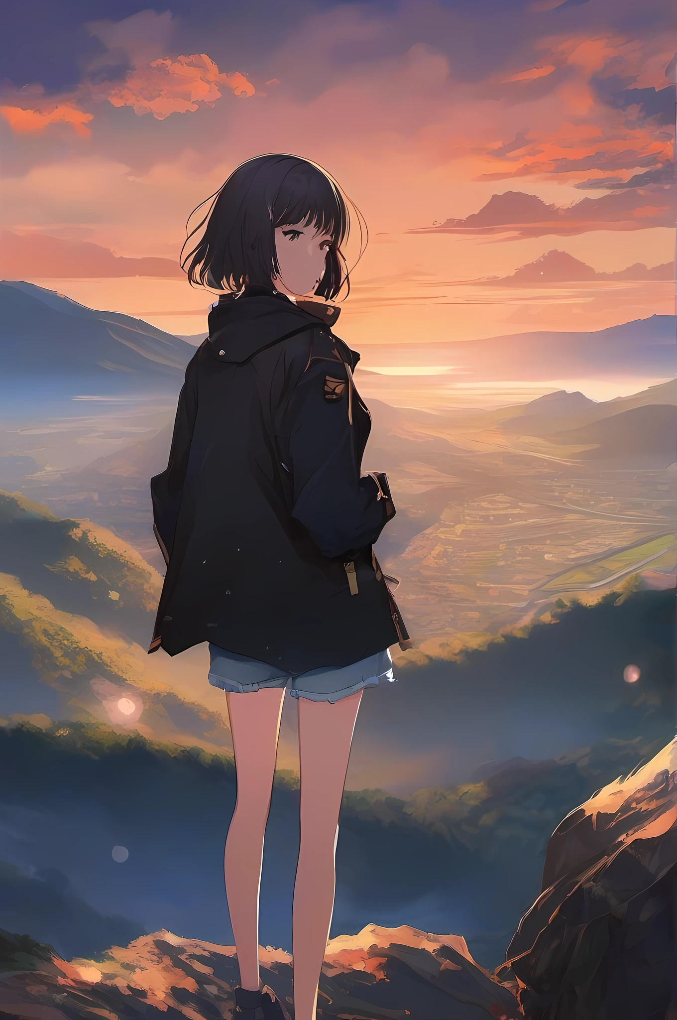 girl, on top of the mountain, beautiful scenery, denim shorts, black coat, short wavy hair
