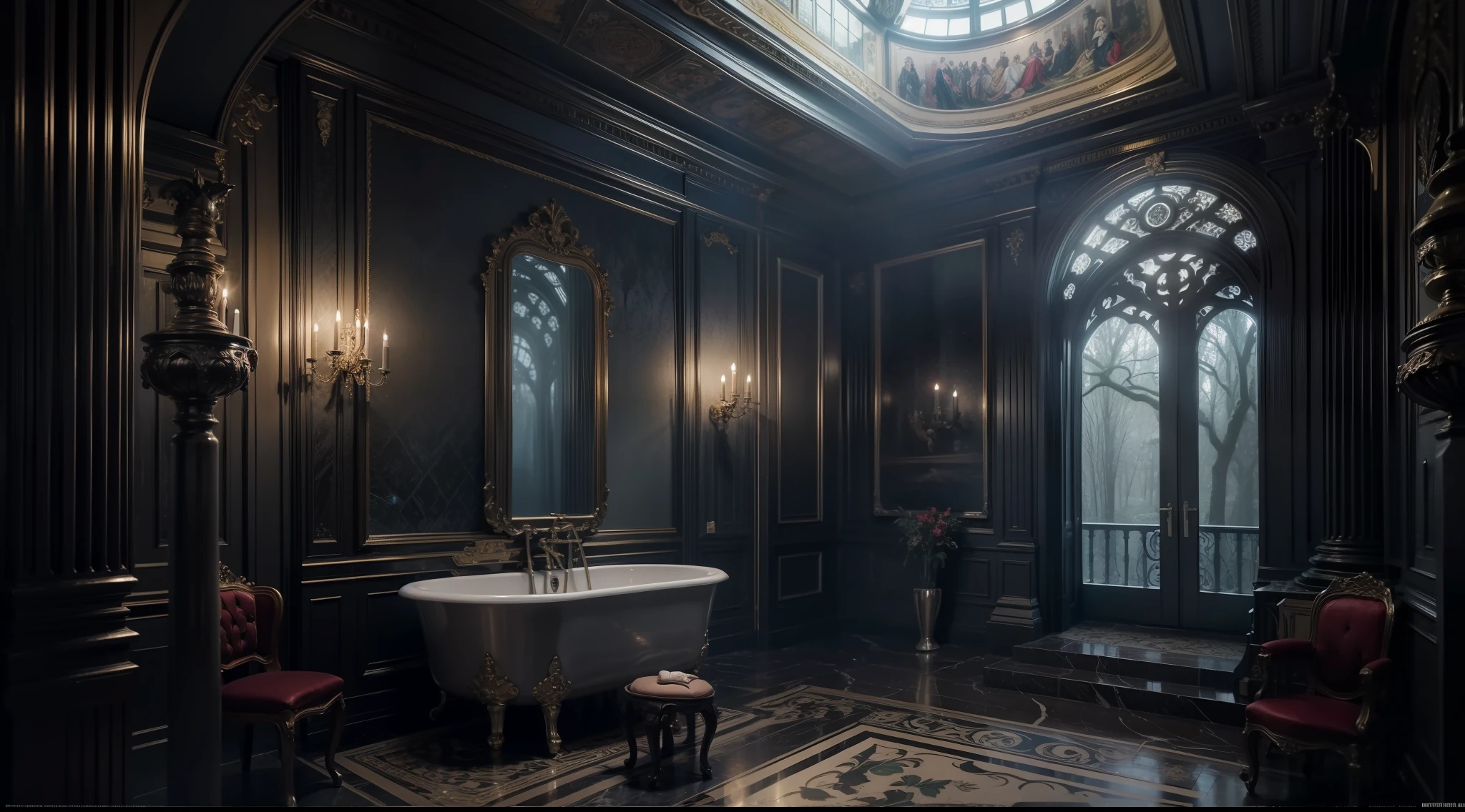 natta、Bathroom deep in a dark and mysterious forest、Old luxury interior、Magical、, interior architecture, Gothic art, Verism, One-person viewpoint, From the outside, canon, Super Detail, High quality, hight resolution, 8K, Best Quality