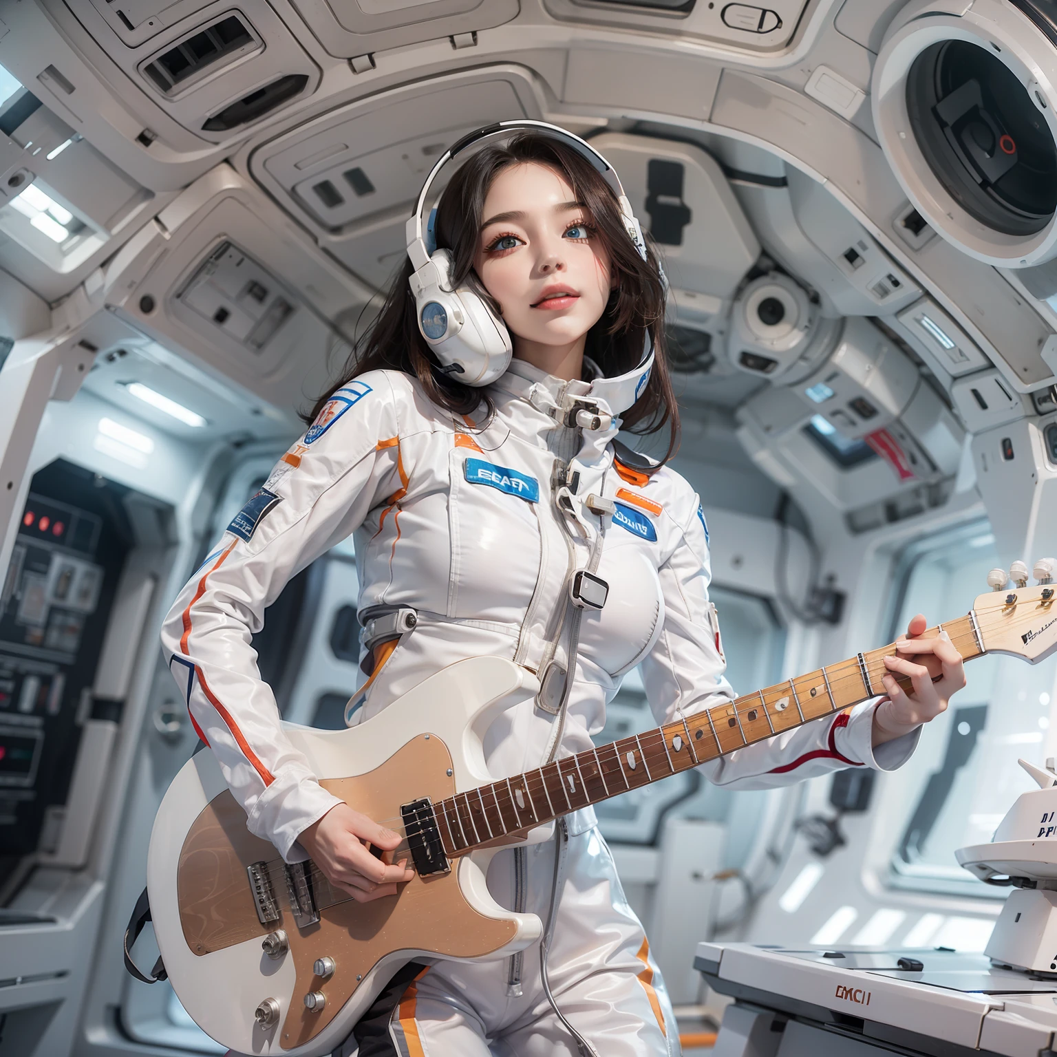 Enchanted woman happy to raise her hand Perfect beauty Beautiful white skin Beautiful eyes Lustrous lips lovely smile Wearing a thin spacesuit that sticks to the body holding an electric guitar Functional head phone Outside the spacecraft Standing on the hull of a spaceship