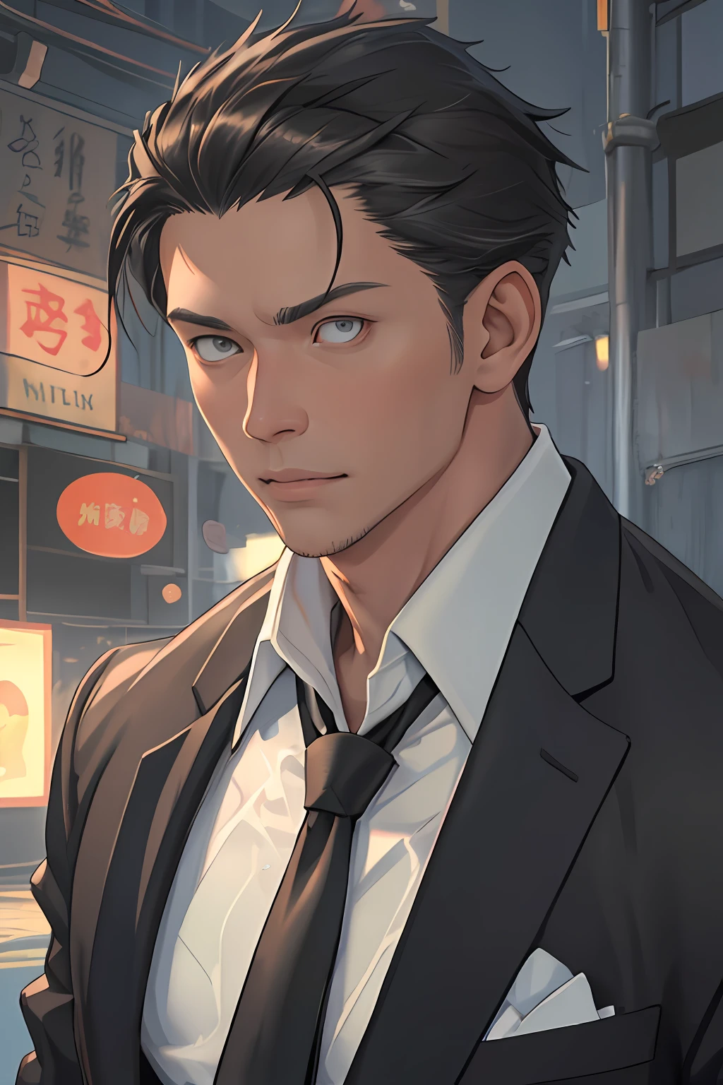 tmasterpiece，best qualityer，illustratio，Realisticstyle，photo realistic style，detail in face，offcial art，Movie lighting，1male people，Tie shirt，Drenched， 独奏 ，Handsome，virile，Handsome face，[[[［musculature］，Short hair，Gold eyes，look from down
