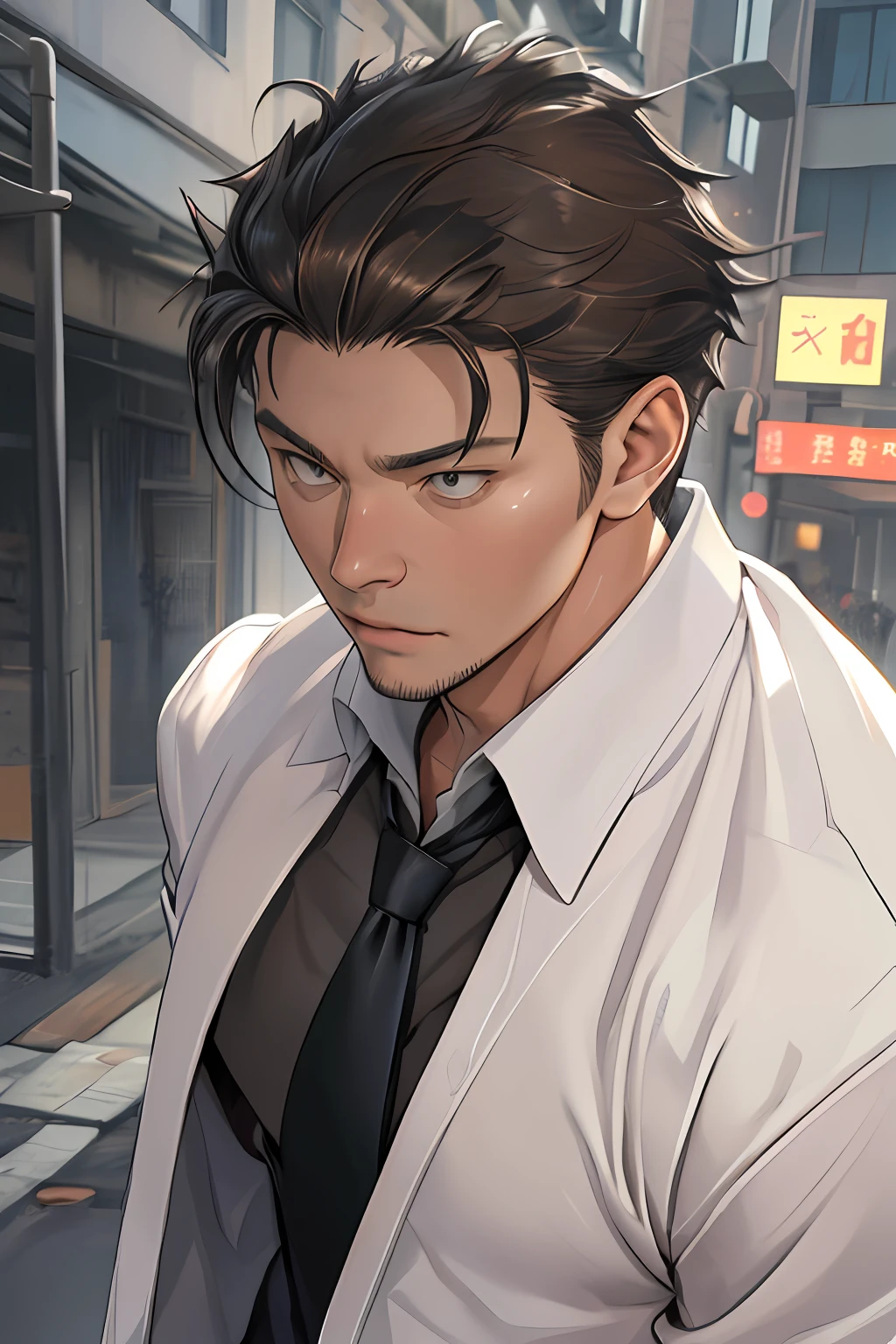 tmasterpiece，best qualityer，illustratio，Realisticstyle，photo realistic style，detail in face，offcial art，Movie lighting，1male people，Tie shirt，Drenched， 独奏 ，Handsome，virile，Handsome face，[[[［musculature］，Short hair，Gold eyes，look from down