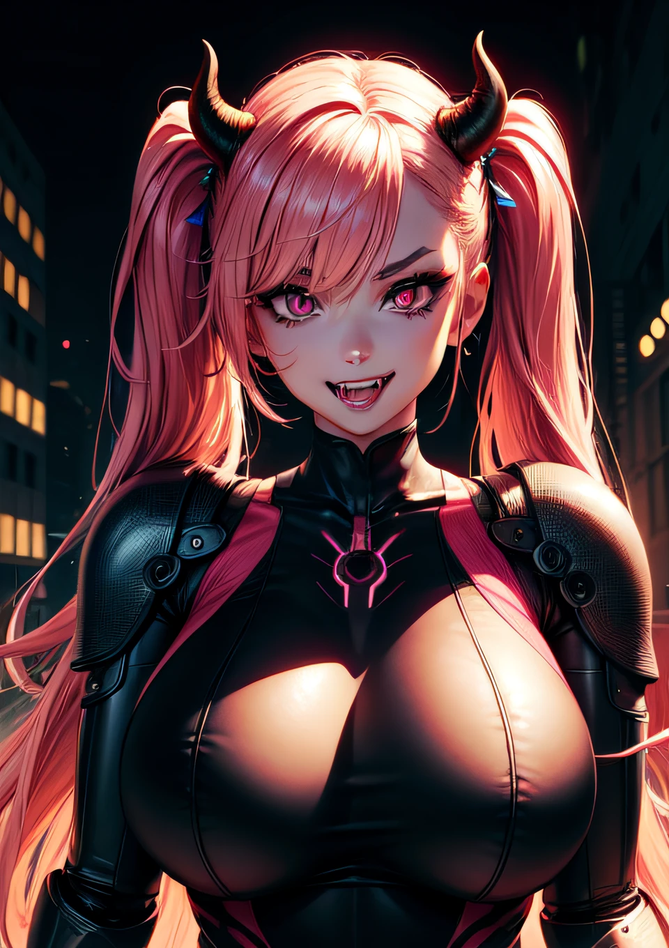 4k, twin tails ,Lens flare, pink hair ,mascara, eyeliner, god rays, 4k, 8k, best quality, masterpiece, hyper detailed, intricate detail, 1girl, solo, detailed, Detailed fuschia hair ++, detailed pink eyes ++, raytracing, perfect shadow, highres, enhanced eyes, huge breasts, horns, evil grin, narrow eyebrows, seductive, fangs, hyper detailed, interesting background, , detailed face, detailed clothing. volumptuous, colourful background, futuristic setting, ai, cyberwear, robot, in the city, cyber suit, dominant,