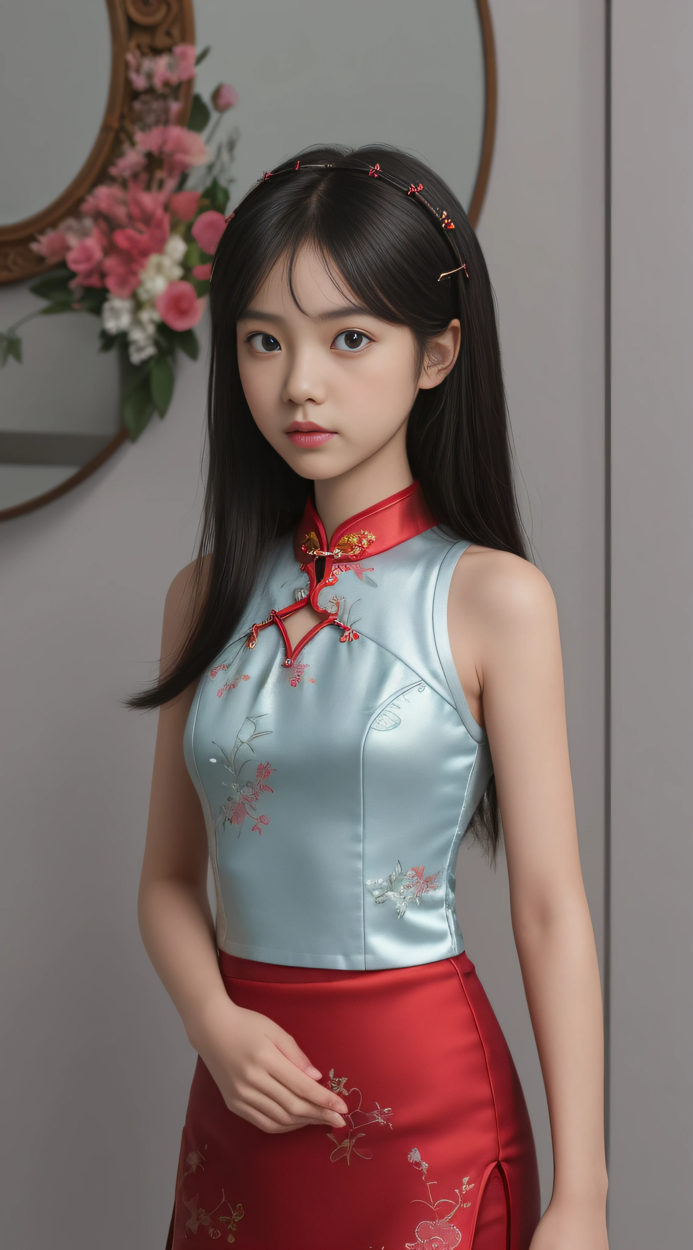 best qualtiy, hyper-high detail,Overlooking,Full body like,9ar old girl,Refined face,Coiled hair,Hairpins,Hairpins,pretty face,Skin reflection,Red cheongsam,slimfigure,Shy,Smaller bust,cropped shoulders,Optimal body curves,High split end