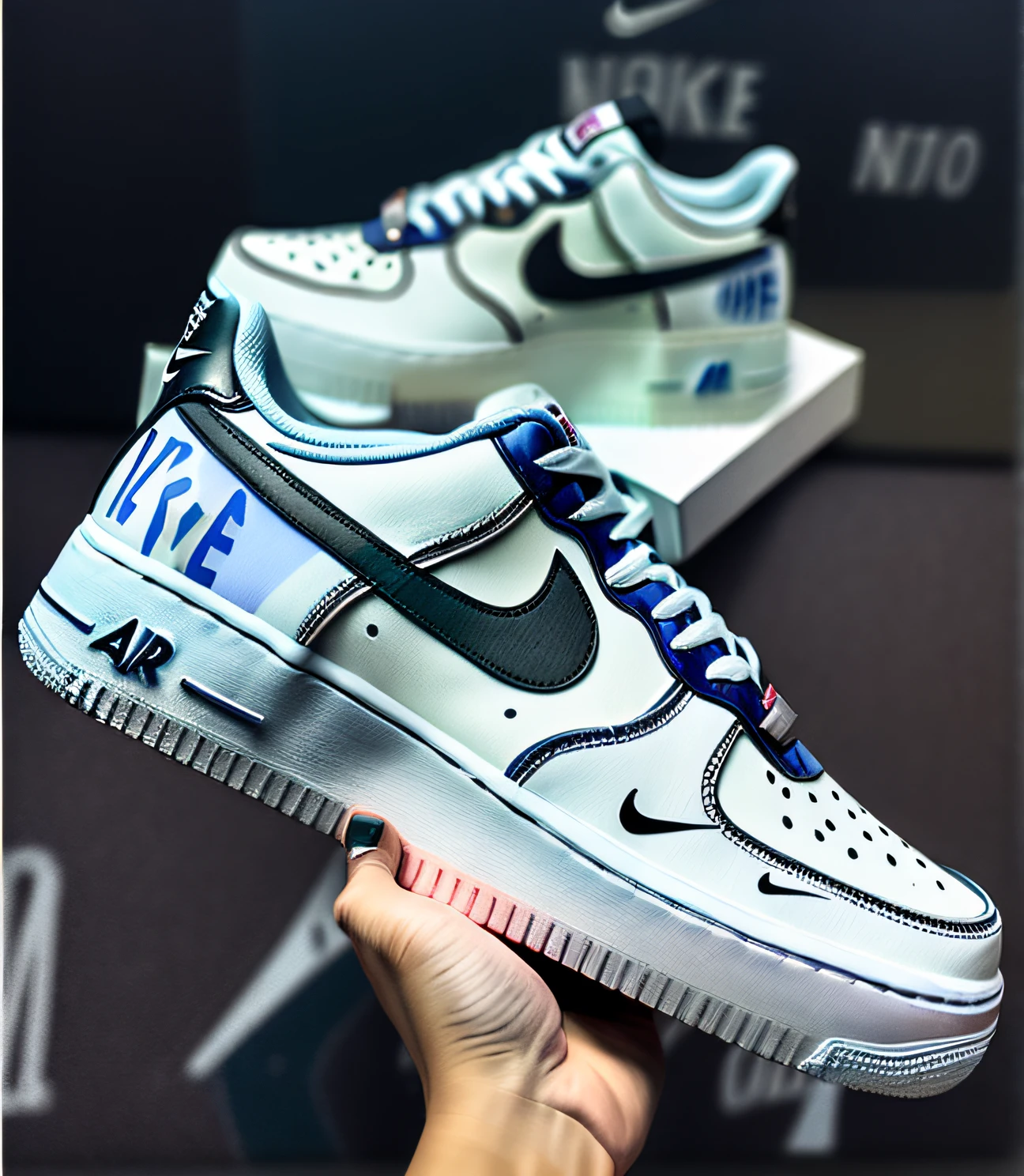 Nike Air Force One,NIKE airforce1,There is a baseball on it, hand painted style, sneaker photo, sneaker design, focus on sneakers only, front side views full, professional sports style, handpainted, NewYork, high quality masterpiece painted, hyperealistic photo, 2 0 2 0 fashion,