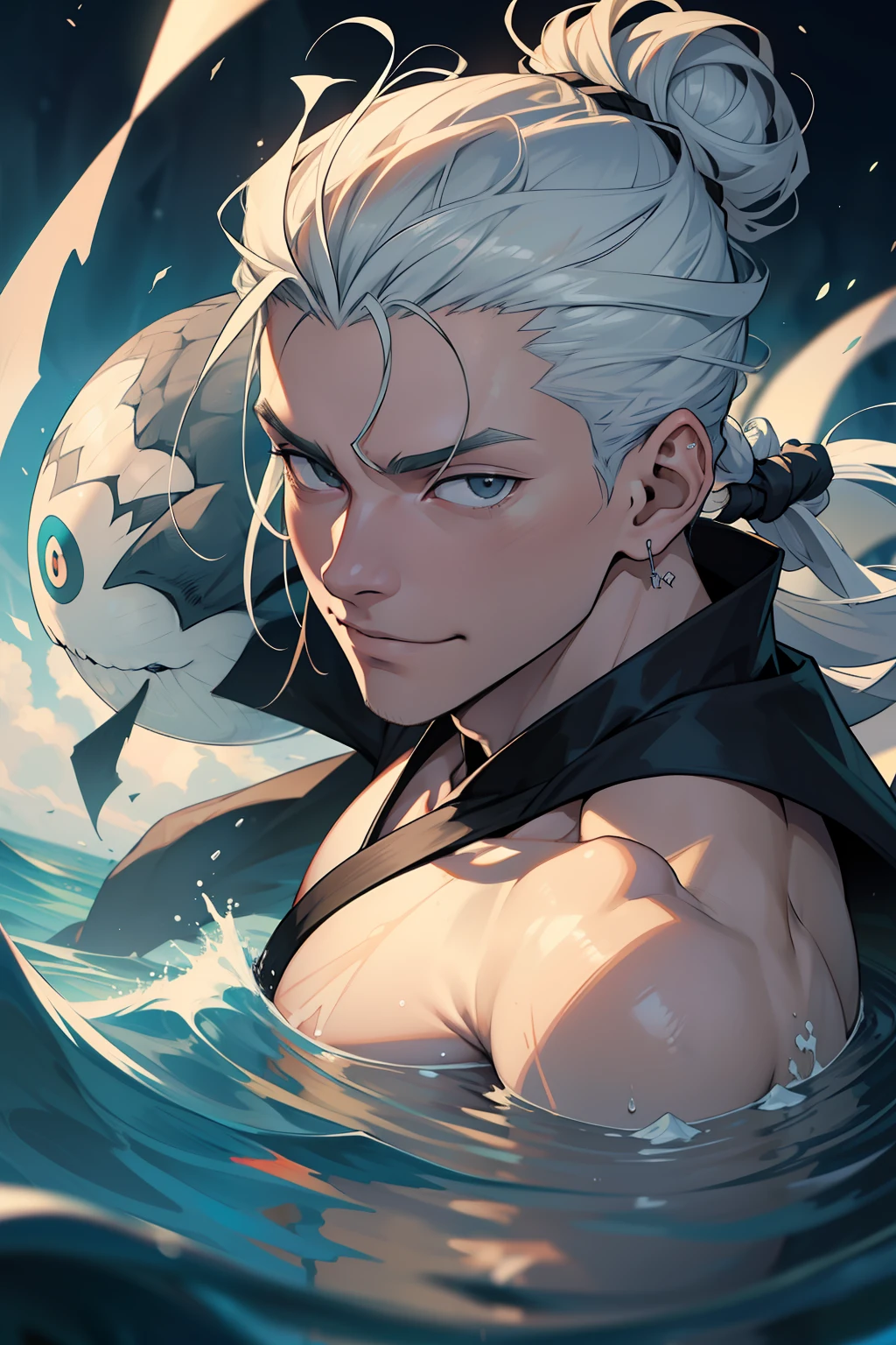 ((melhor qualidade)), ((obra-prima)), (altamente detalhado:1.3) man I look like the suguro geto (jujutsu no kaisen) cabelos negros compridos, usando um quimono de monge japones segurando um cetro de monge flutuando em um yokai olho gigante em meio um templo abandonado, Pale and handsome man with a grim smile on his face, brincos dourados, ohmem cruel, long hair thrown back in a bun