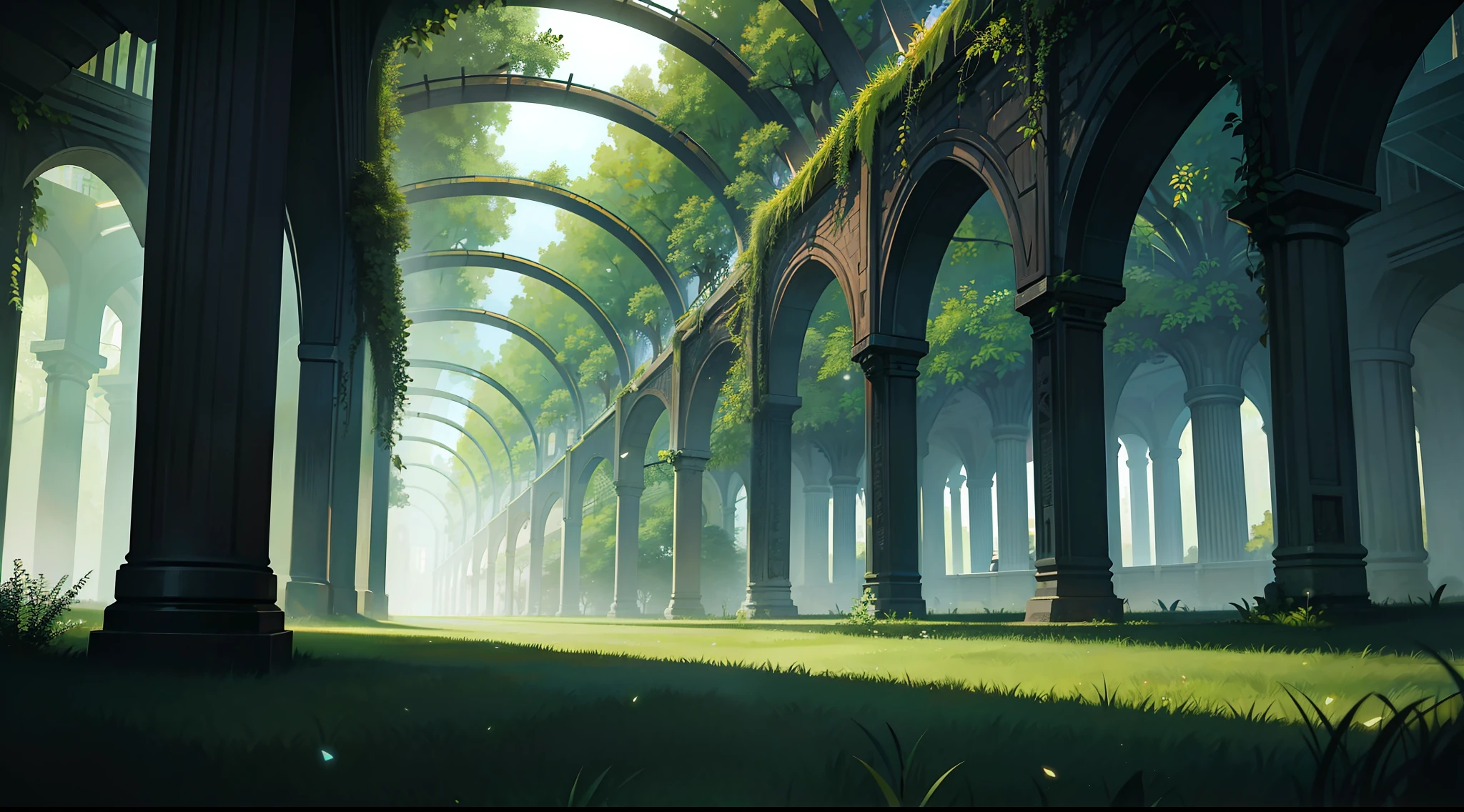 darkly,Vibrant green,expansive scenes,Huge underground ruins。