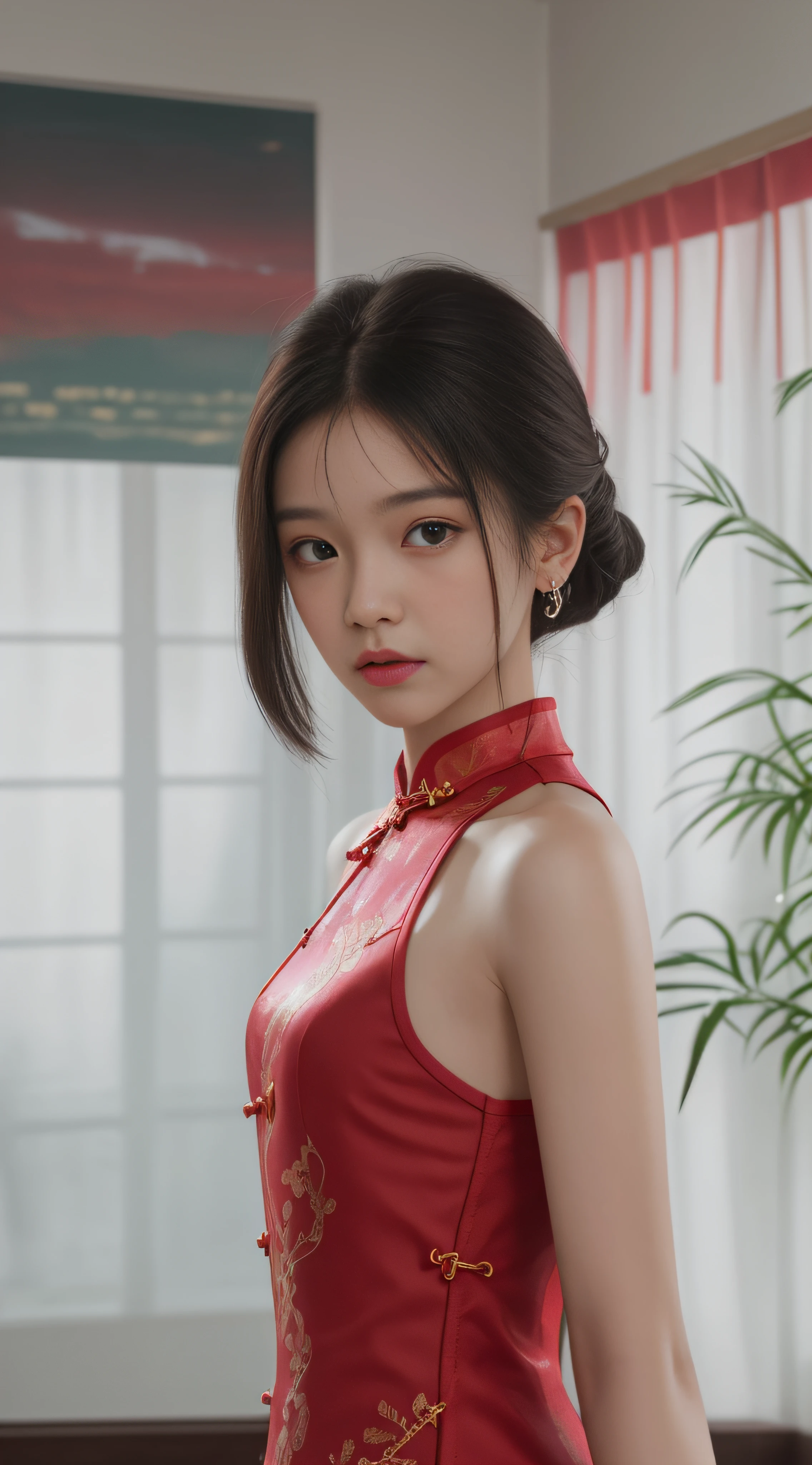 best qualtiy, hyper-high detail，Overlooking，Full body like，9ar old girl，Refined face，Coiled hair，Hairpins，Hairpins，pretty  face，Skin reflection，Red cheongsam，slimfigure，Shy，Smaller bust，cropped shoulders，Optimal body curves，High split end