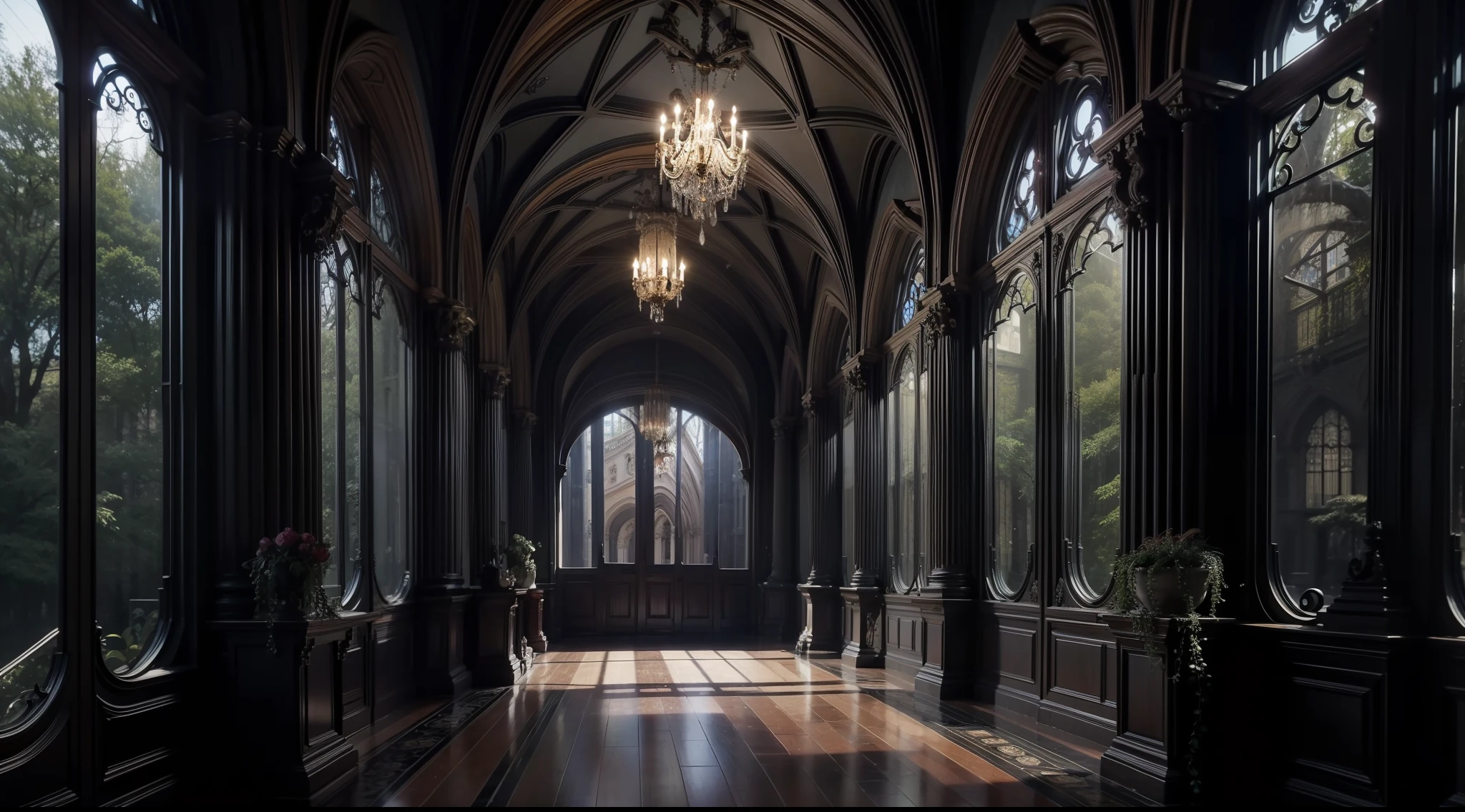The corridor of a Western-style building deep in the dark and mysterious forest、Old luxury interior、Magical、, interior architecture, Gothic art, Verism, One-person viewpoint, From the outside, canon, Super Detail, High quality, hight resolution, 8K, Best Quality