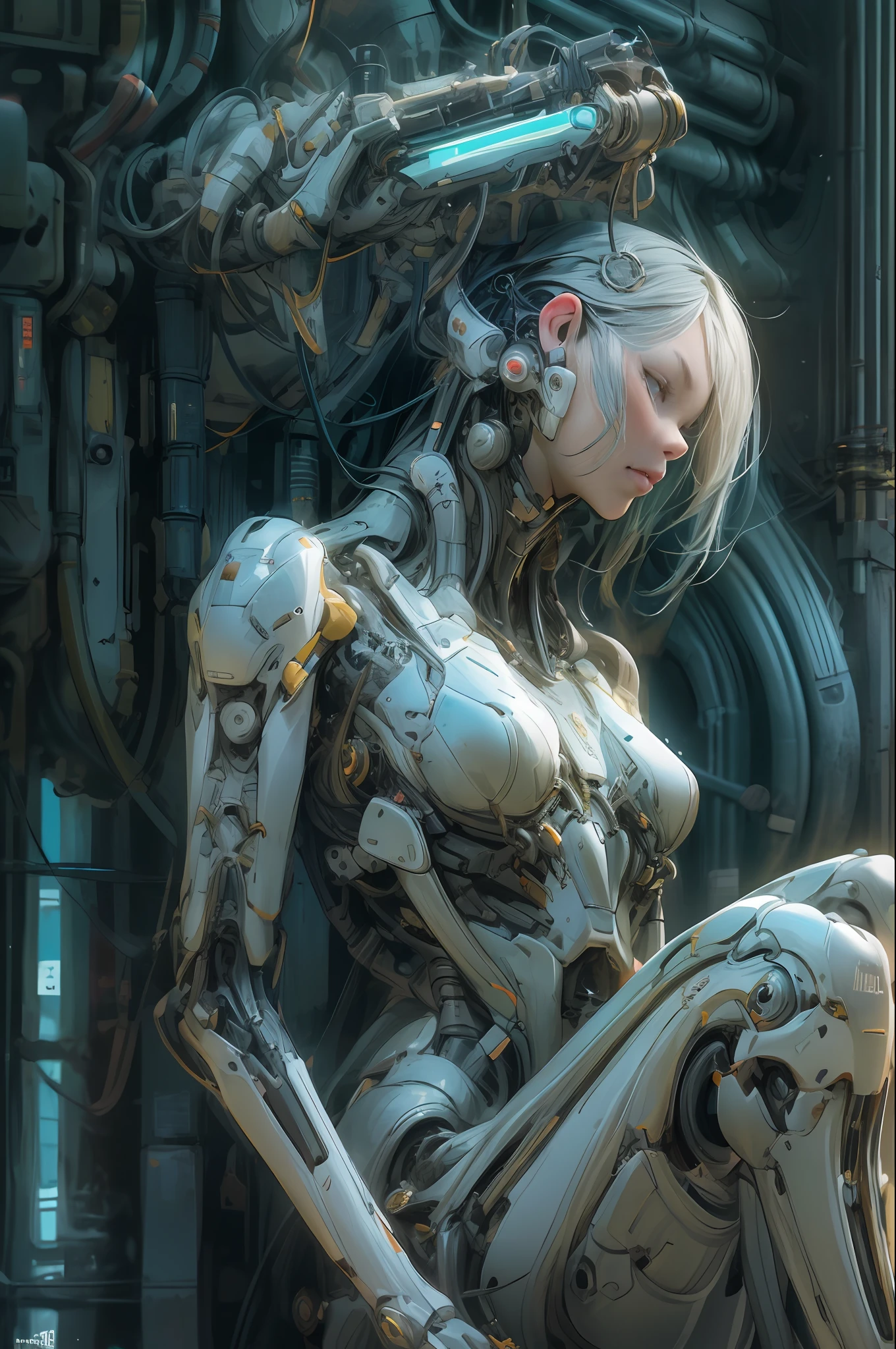 Top Quality, Masterpiece, Ultra High Resolution, ((Photorealistic: 1.4), Raw Photo, 1 cyberpunk android Girl, ((portrait)), Glossy Skin, (Ultra Realistic Details)), mechanical limbs, tubes connected to the mechanical parts, mechanical vertebrae attached to the spine, mechanical cervical attachment to the neck, wires and cables connecting to the head, Evangelion, ((Ghost in the Shell)), small glowing LED lamps, global lighting, deep shadows, Octane Rendering, 8K, Ultra Sharp, Metal, Intricate Ornament Details, baroque details, Very intricate details, realistic light, CGSoation trend, facing the camera, neon details, (android manufactory in background), art by H.R. Giger and Alphonse Mucha.