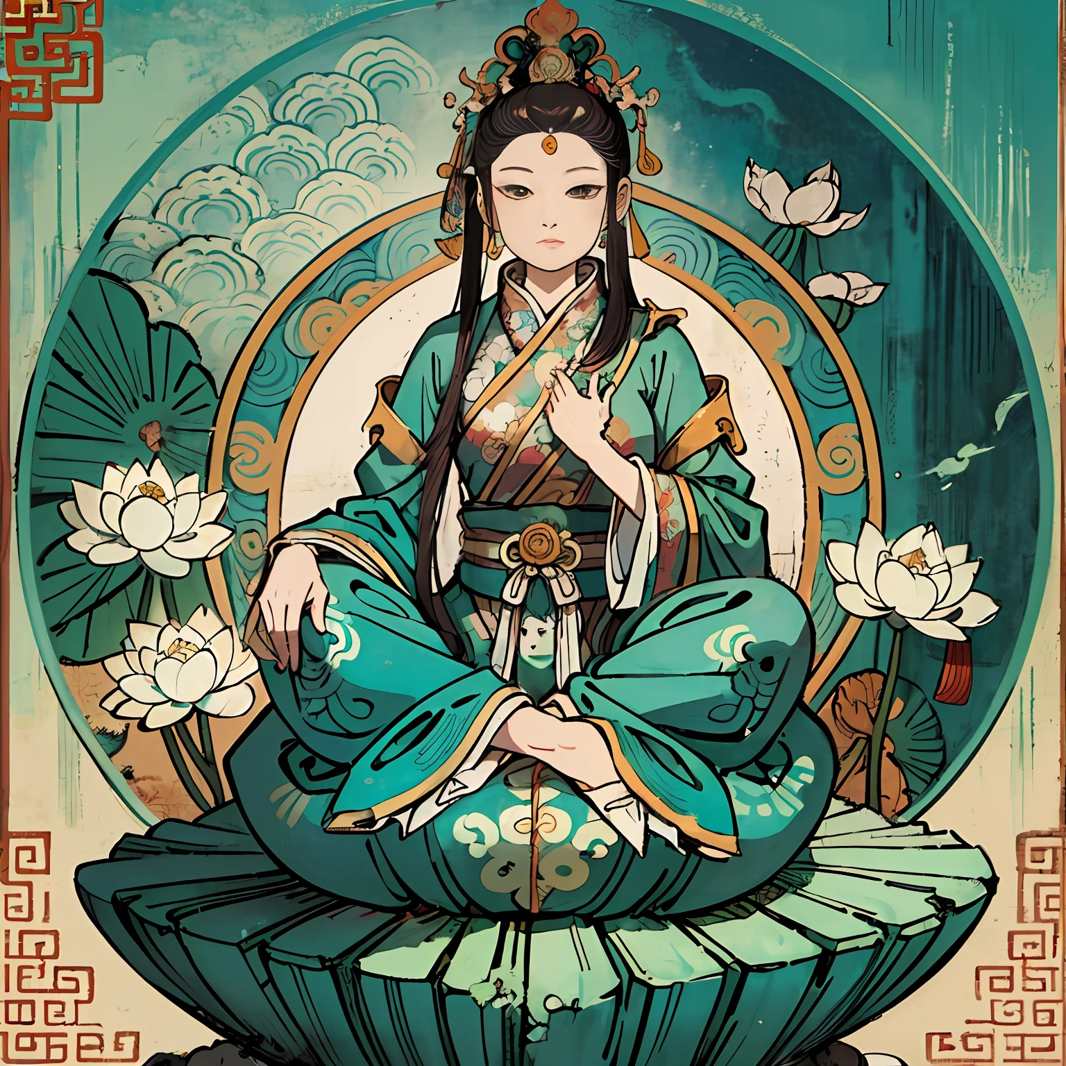 Woman sitting on a lotus,guanyin of the southern seas,Guanyin,contented female bodhisattva,jade sculpture,bodhisattva,queen of the sea mu yanling,serene,Serene expression,shui mo hua,Buddha,Buddhist,Lotus,Chinese painting style,Thangka style