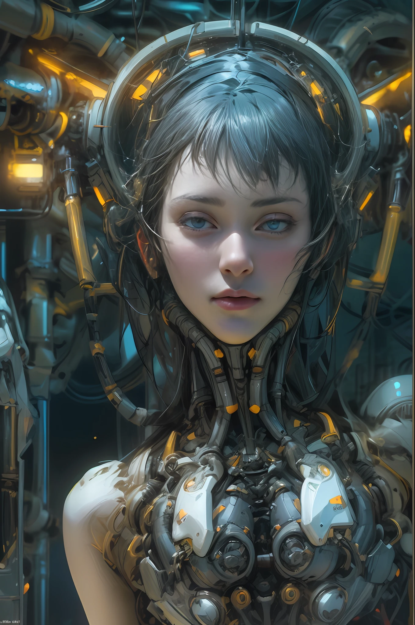 Top Quality, Masterpiece, Ultra High Resolution, ((Photorealistic: 1.4), Raw Photo, 1 cyberpunk android Girl, ((portrait)), Glossy Skin, (Ultra Realistic Details)), mechanical limbs, tubes connected to the mechanical parts, mechanical vertebrae attached to the spine, mechanical cervical attachment to the neck, wires and cables connecting to the head, Evangelion, ((Ghost in the Shell)), small glowing LED lamps, global lighting, deep shadows, Octane Rendering, 8K, Ultra Sharp, Metal, Intricate Ornament Details, baroque details, Very intricate details, realistic light, CGSoation trend, facing the camera, neon details, (android manufactory in background), art by H.R. Giger and Alphonse Mucha.