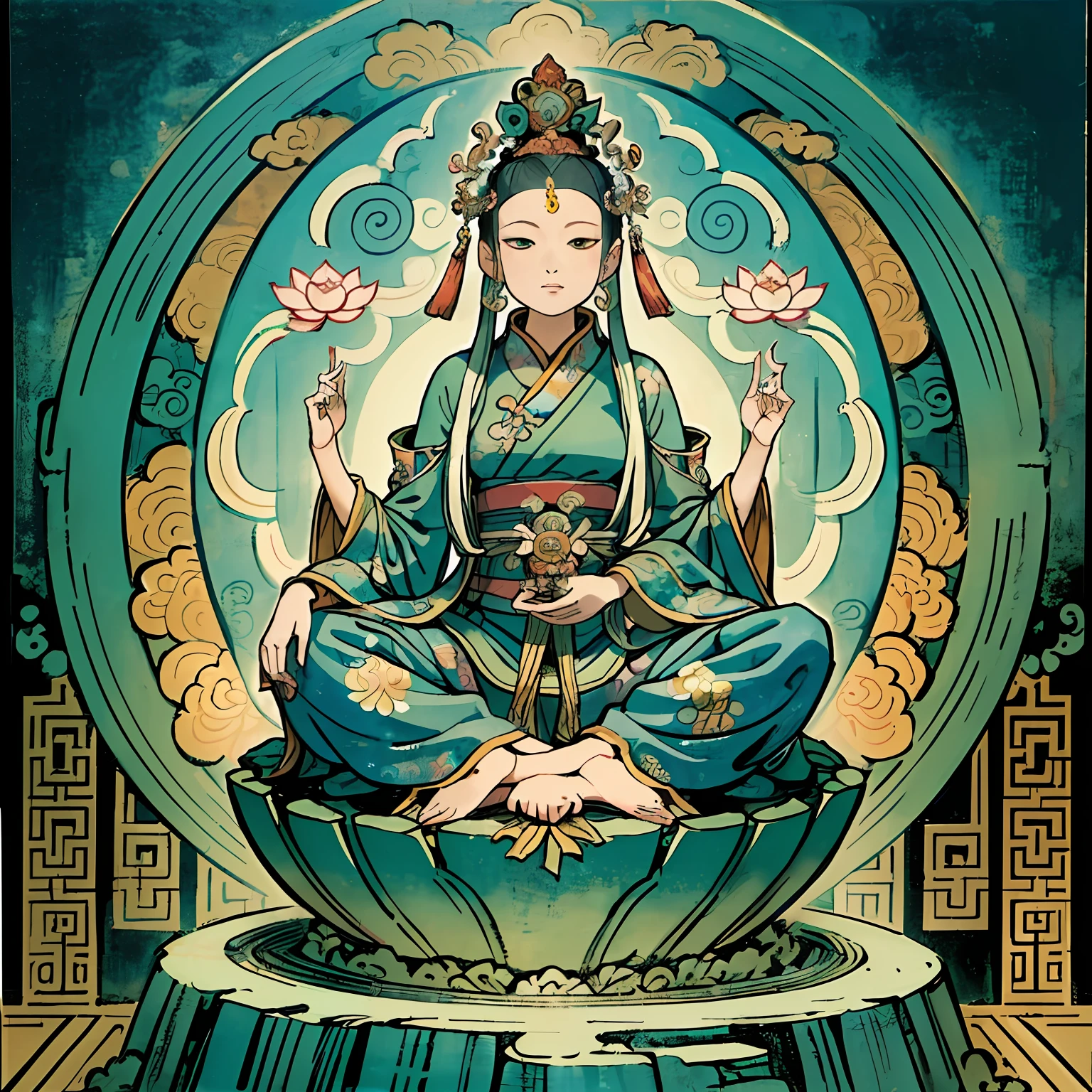 Woman sitting on a lotus,guanyin of the southern seas,Guanyin,contented female bodhisattva,jade sculpture,bodhisattva,queen of the sea mu yanling,serene,Serene expression,shui mo hua,Buddha,Buddhist,Lotus,Chinese painting style,Thangka style