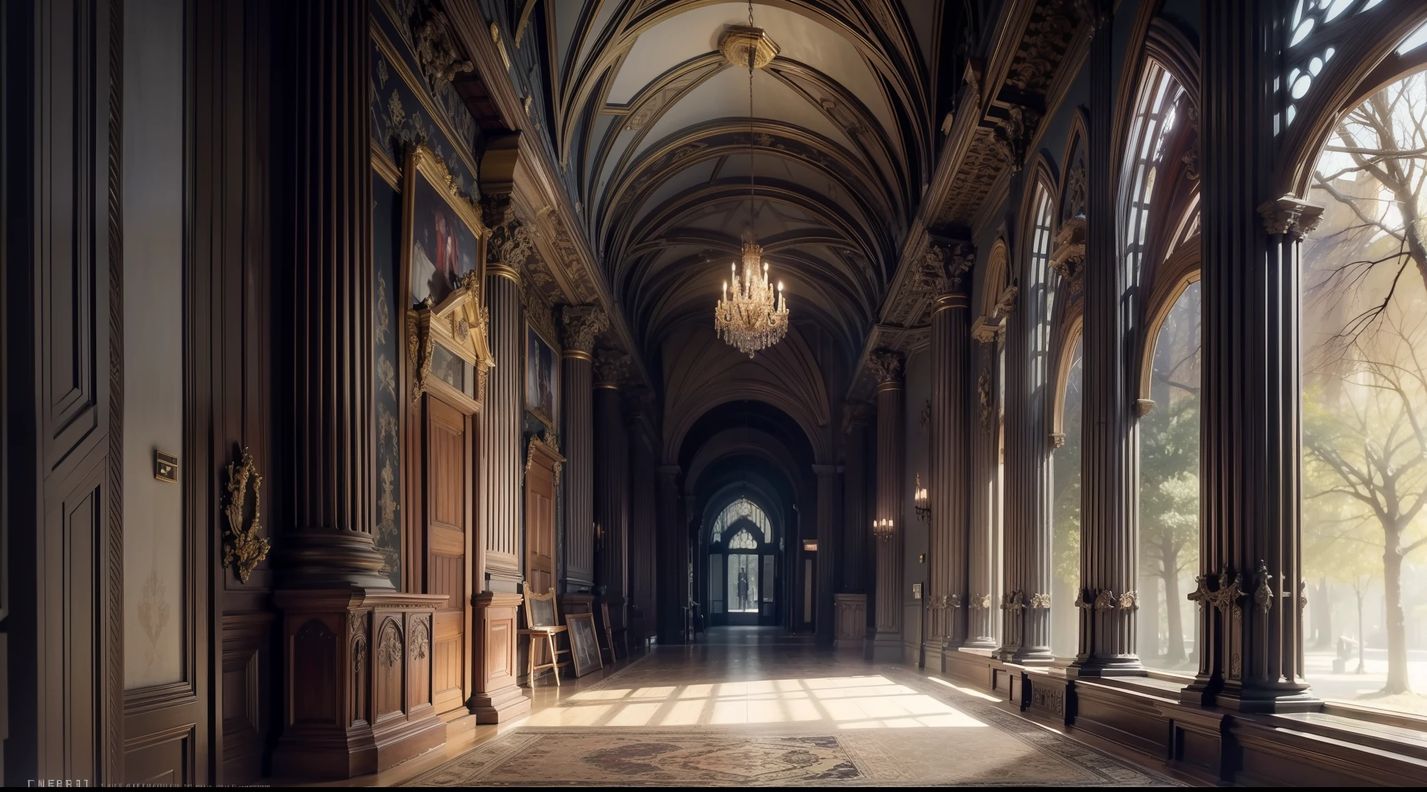 The corridor of a Western-style building deep in the dark and mysterious forest、Old luxury interior、Magical、, interior architecture, Gothic art, Verism, One-person viewpoint, From the outside, canon, Super Detail, High quality, hight resolution, 8K, Best Quality