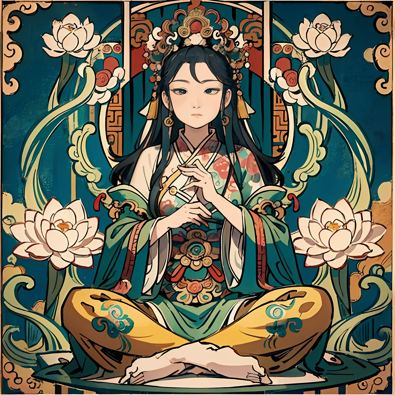 Woman sitting on a lotus,guanyin of the southern seas,Guanyin,contented female bodhisattva,jade sculpture,bodhisattva,queen of the sea mu yanling,serene,Serene expression,shui mo hua,Buddha,Buddhist,Lotus,Chinese painting style,Thangka style