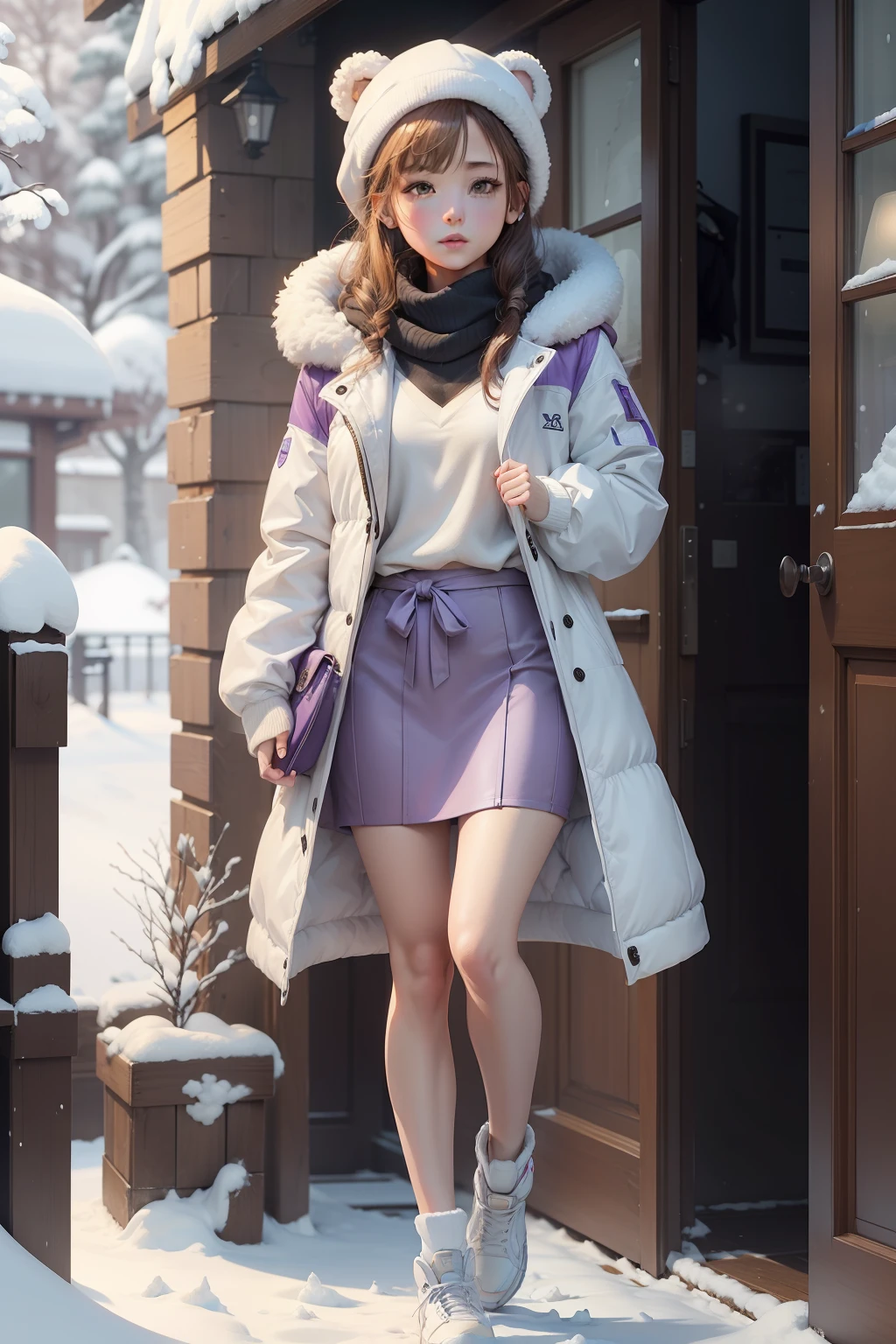 Alafed drawing of a girl in a white jacket and brown teddy bear, In an anime style, made with anime painter studio, inspired by Rei Kamoi, anime style character, In anime style, Full body:: Snow outside::, Cold, a cold, Wearing a detailed purple coat, Cold snow outside, unrealistic character concept