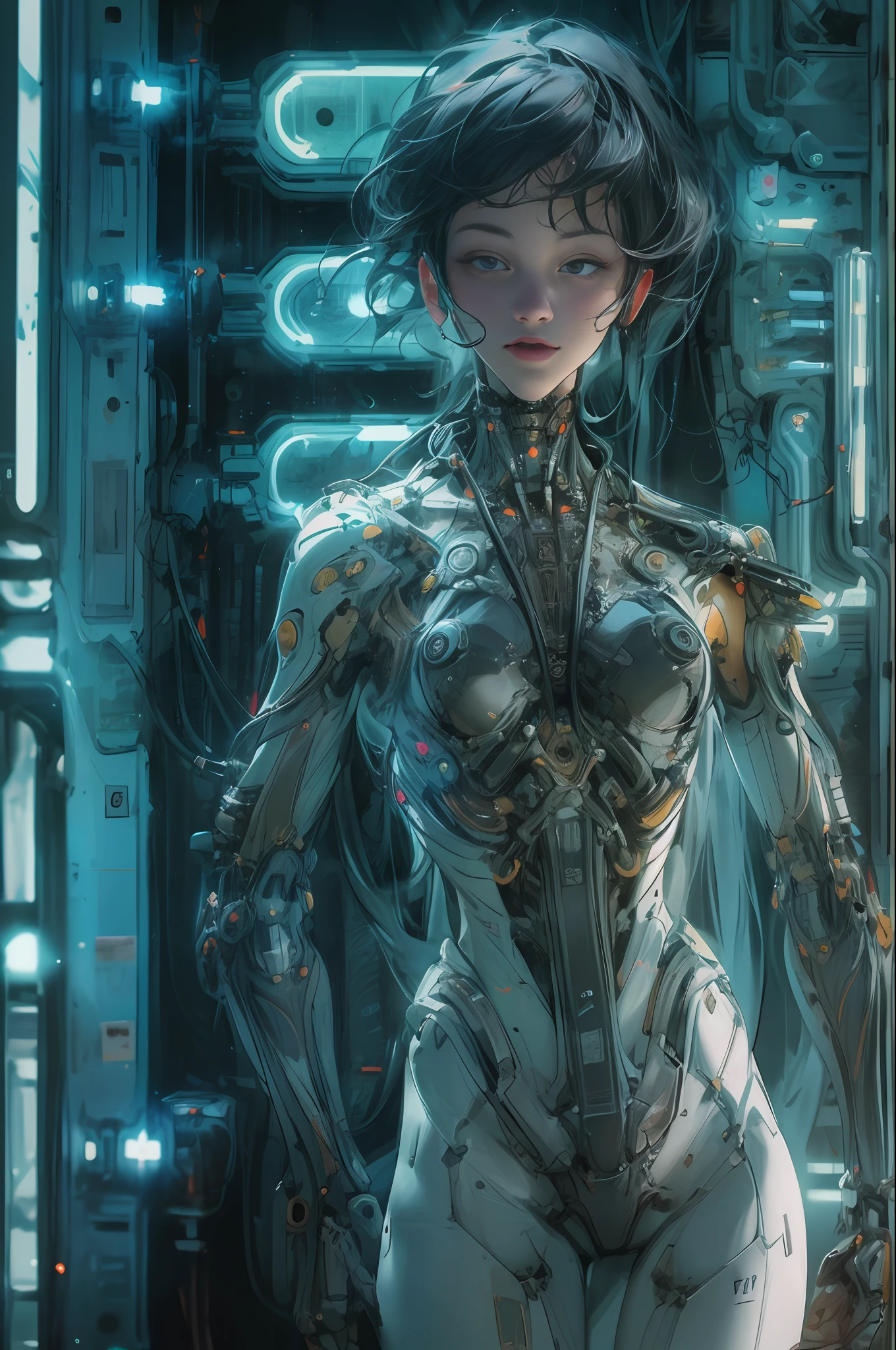 Top Quality, Masterpiece, Ultra High Resolution, ((Photorealistic: 1.4), Raw Photo, 1 cyberpunk android Girl, ((portrait)), Glossy Skin, (Ultra Realistic Details)), mechanical limbs, tubes connected to the mechanical parts, mechanical vertebrae attached to the spine, mechanical cervical attachment to the neck, wires and cables connecting to the head, Evangelion, ((Ghost in the Shell)), small glowing LED lamps, global lighting, deep shadows, Octane Rendering, 8K, Ultra Sharp, Metal, Intricate Ornament Details, baroque details, Very intricate details, realistic light, CGSoation trend, facing the camera, neon details, (android manufactory in background), art by H.R. Giger and Alphonse Mucha.