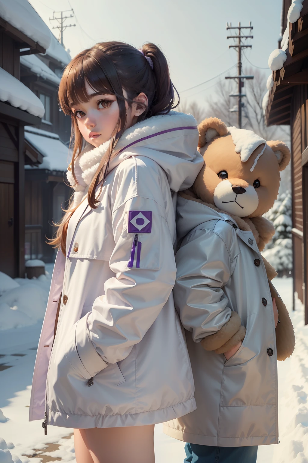 Alafed drawing of a girl in a white jacket and brown teddy bear, In an anime style, made with anime painter studio, inspired by Rei Kamoi, anime style character, In anime style, Full body:: Snow outside::, Cold, a cold, Wearing a detailed purple coat, Cold snow outside, unrealistic character concept