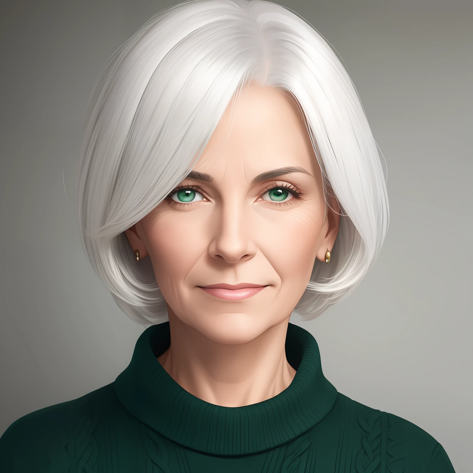 portraite of a. Beautiful woman 45 years old. White hair with graying of medium length. Dark green eyes. sweater