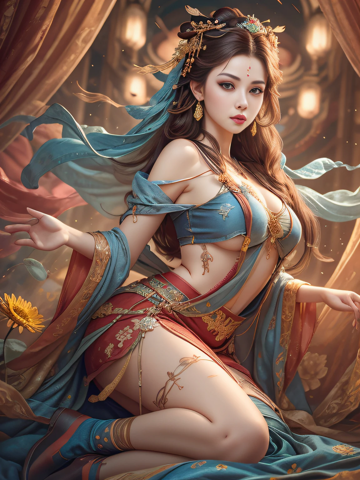 Best Quality, Masterpiece, Ultra-Detailed High Resolution, (Realistic: 1.4), Original Photo, , Illustration, 1 Girl, Handheld Weapon, (Solo Exhibition: 1.2), (Denim Lens: 1.2), (Hair Crown: 1.2), Chinese Dunhuang Traditional Costume, No Straps, (Red Eyeliner: 1.2), (Black Eyes: 1.4), Earrings, Dynamic Angle, Opera House, messy_long_hair, Ink, Movie Lights, lens_flare, Velvet, Chrysanthemum, Tassels, Ribbon, colorful embroidery, upper body, facing the camera, dynamic pose, large chest, embroidered cloth shoes