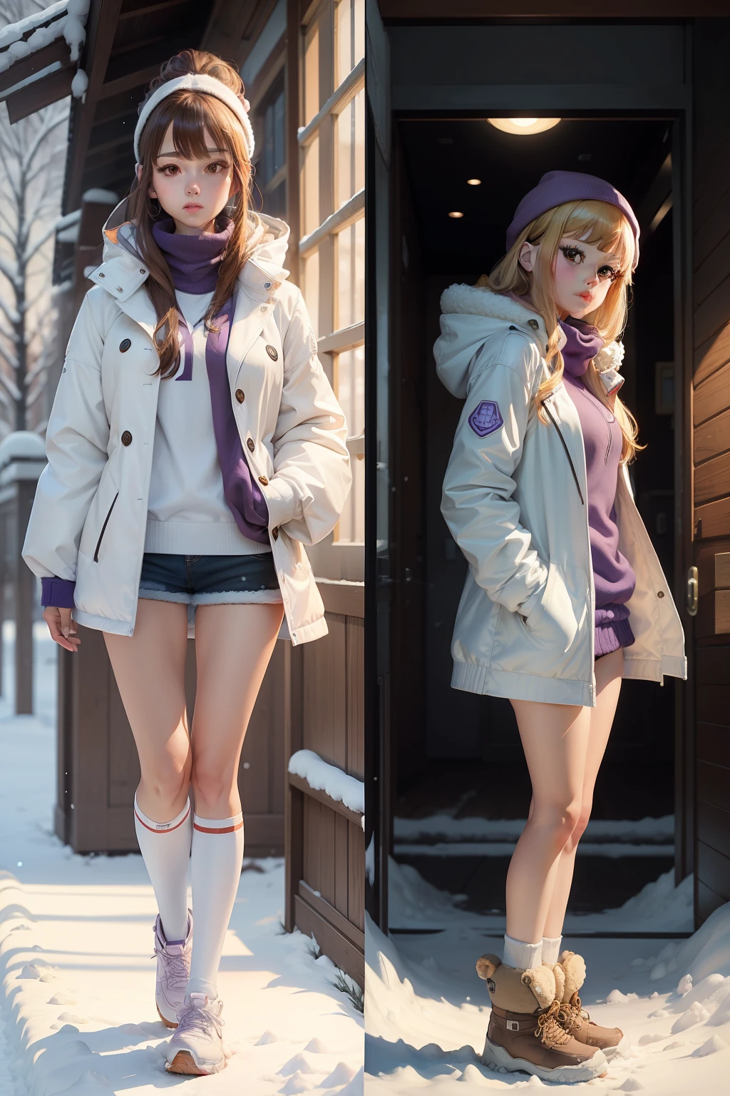 Alafed drawing of a girl in a white jacket and brown teddy bear, In an anime style, made with anime painter studio, inspired by Rei Kamoi, anime style character, In anime style, Full body:: Snow outside::, Cold, a cold, Wearing a detailed purple coat, Cold snow outside, unrealistic character concept