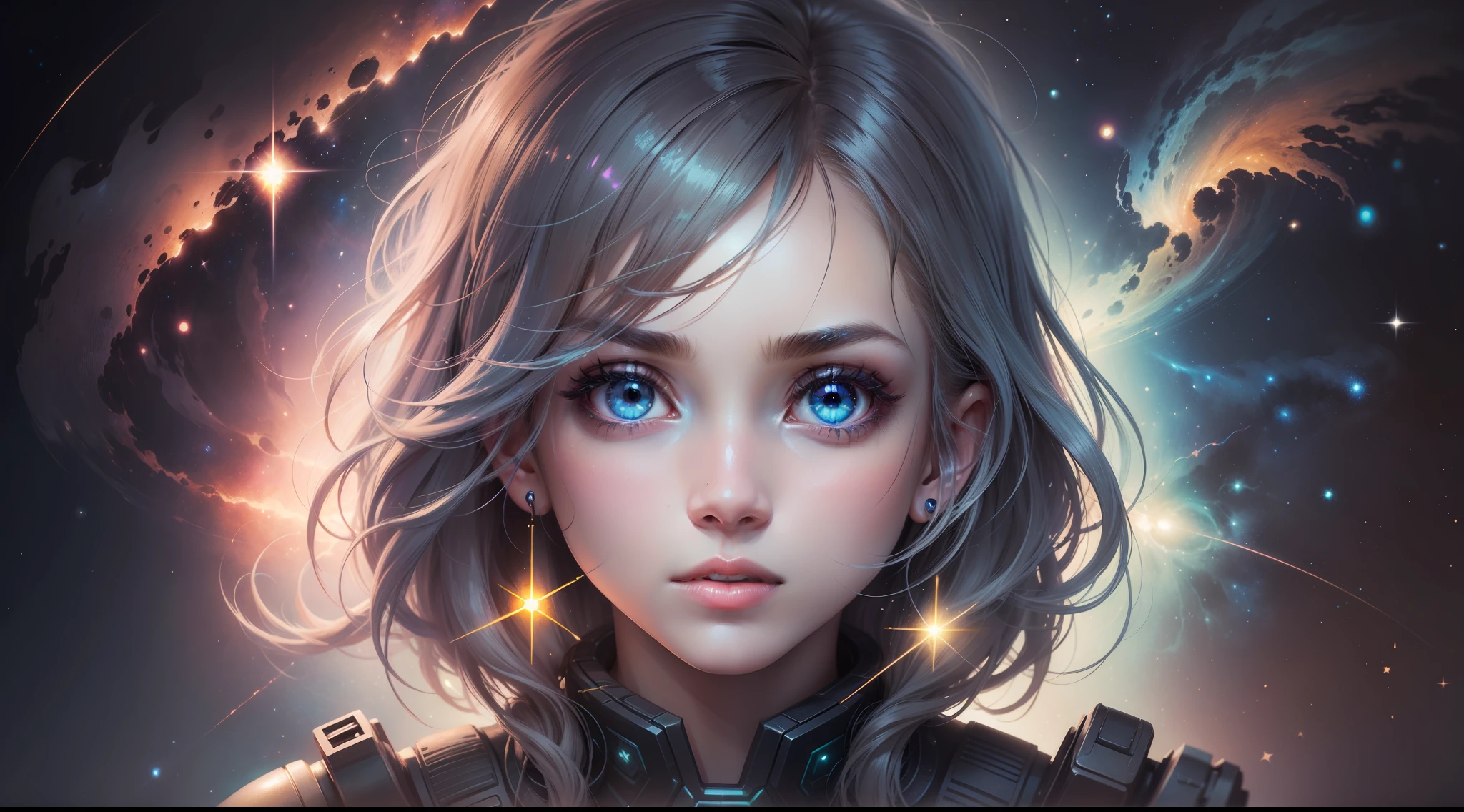 girl,radioactive glow,abstract art,character focus,eyes with reflection,starry sky,galaxies
