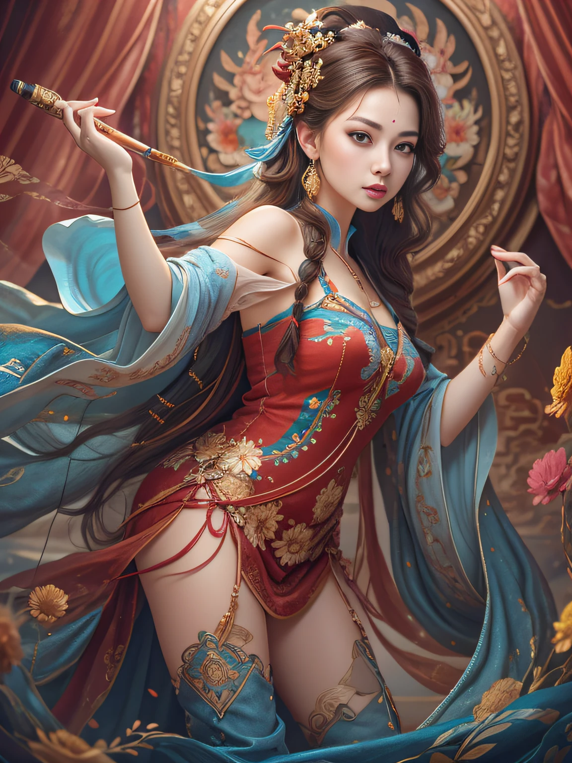 Best Quality, Masterpiece, Ultra-Detailed High Resolution, (Realistic: 1.4), Original Photo, , Illustration, 1 Girl, Handheld Weapon, (Solo Exhibition: 1.2), (Denim Lens: 1.2), (Hair Crown: 1.2), Chinese Dunhuang Traditional Costume, No Straps, (Red Eyeliner: 1.2), (Black Eyes: 1.4), Earrings, Dynamic Angle, Opera House, messy_long_hair, Ink, Movie Lights, lens_flare, Velvet, Chrysanthemum, Tassels, Ribbon, colorful embroidery, upper body, facing the camera, dynamic pose, large chest, embroidered cloth shoes