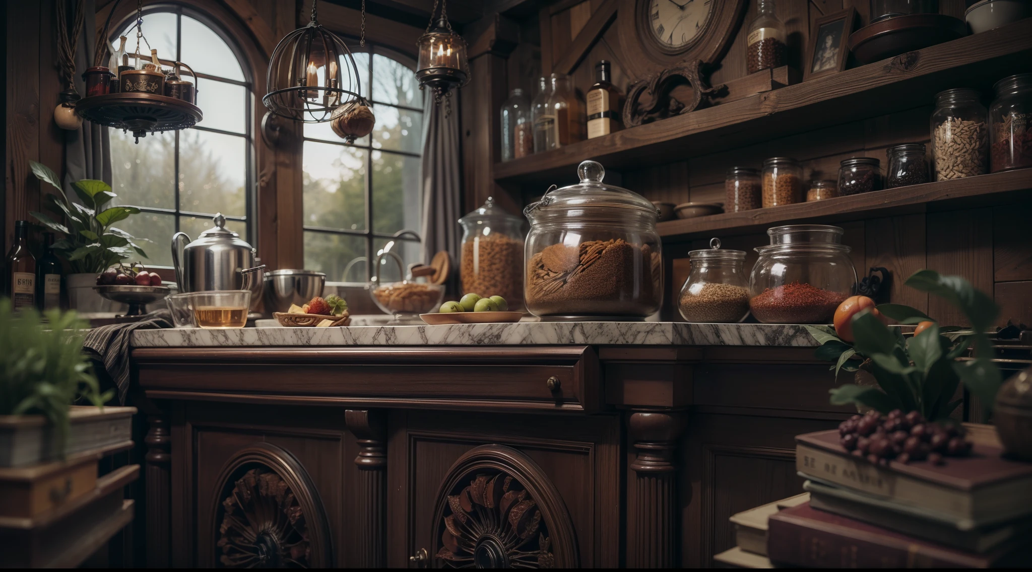 Western-style kitchen deep in a dark and mysterious forest、Close-up on the shelf、spices、nut、Dried fruits, etc.、Magical、, interior architecture, Gothic art, Verism, One-person viewpoint, From the outside, canon, Super Detail, High quality, hight resolution, 8K, Best Quality