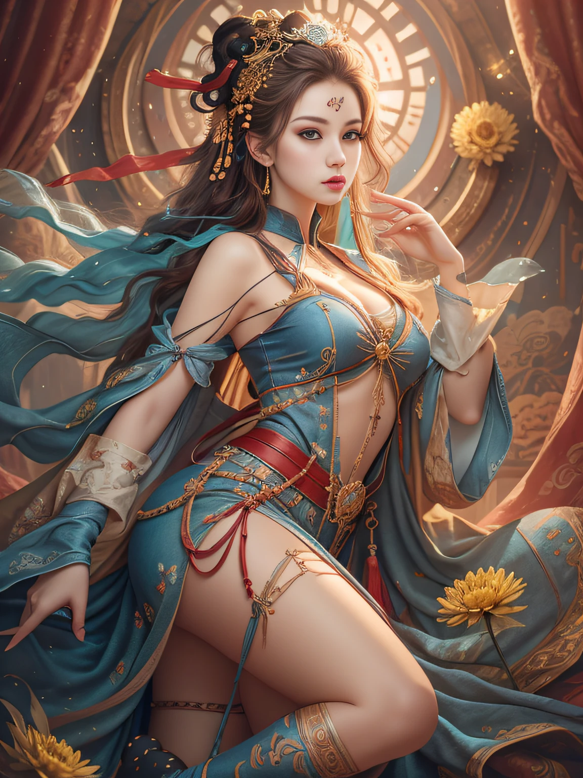 Best Quality, Masterpiece, Ultra-Detailed High Resolution, (Realistic: 1.4), Original Photo, , Illustration, 1 Girl, Handheld Weapon, (Solo Exhibition: 1.2), (Denim Lens: 1.2), (Hair Crown: 1.2), Chinese Dunhuang Traditional Costume, No Straps, (Red Eyeliner: 1.2), (Black Eyes: 1.4), Earrings, Dynamic Angle, Opera House, messy_long_hair, Ink, Movie Lights, lens_flare, Velvet, Chrysanthemum, Tassels, Ribbon, colorful embroidery, upper body, facing the camera, dynamic pose, large chest, embroidered cloth shoes