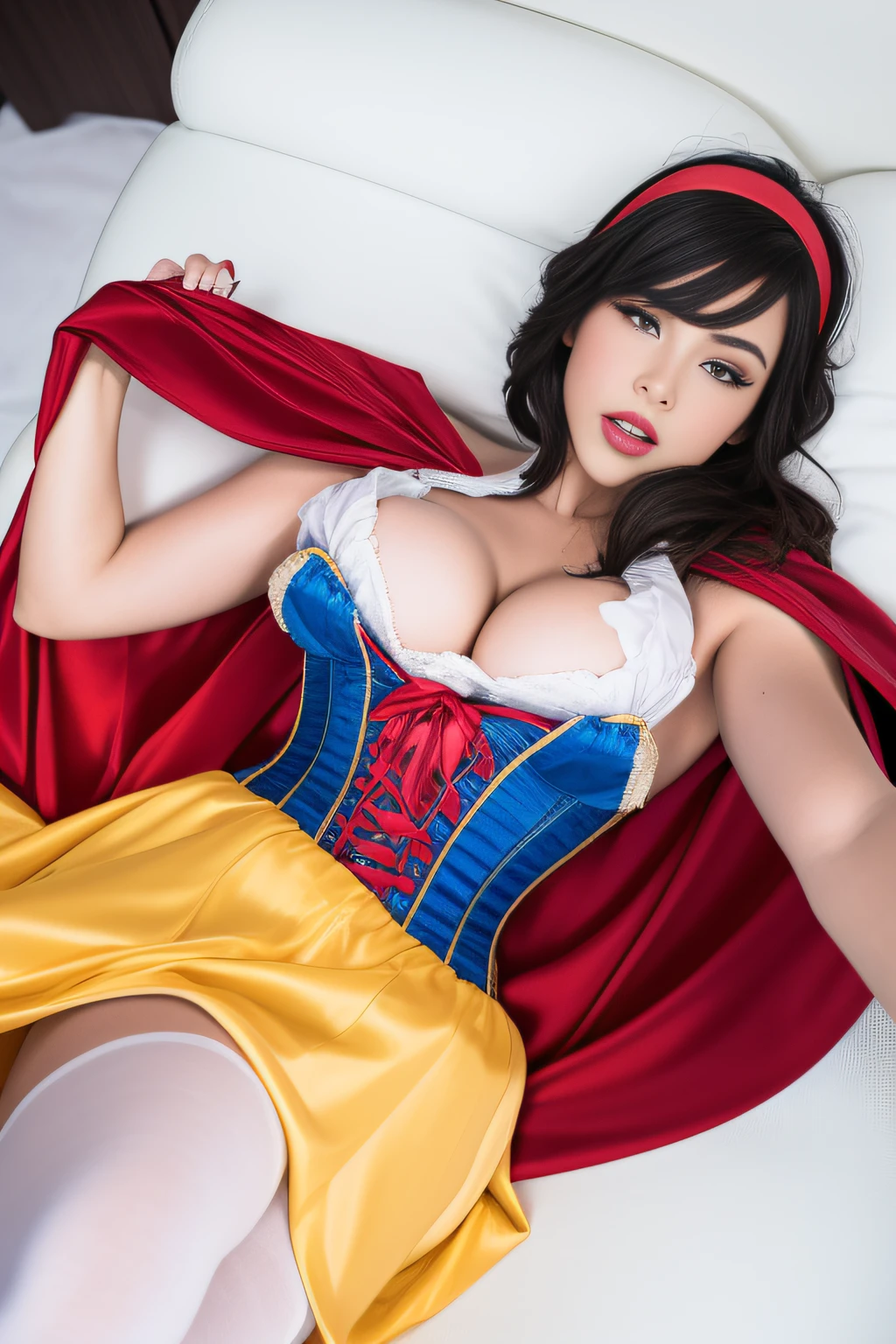 Beautiful european 18 year old woman, wearing snow white cosplay, blue silk corset, red silk cape, yellow silk pleated skater skirt, white leggings, black bob hair, red hairband, ((lying on her back)), legs akimbo, raised legs, knees close to head, legs open, white panties, touching panties, silk panties, hands on self, large breasts, touching panties, masterpiece, photorealistic, amazing detailed face, female masturbation, vibrator, masturbation, aroused, pained express on face, hands between legs