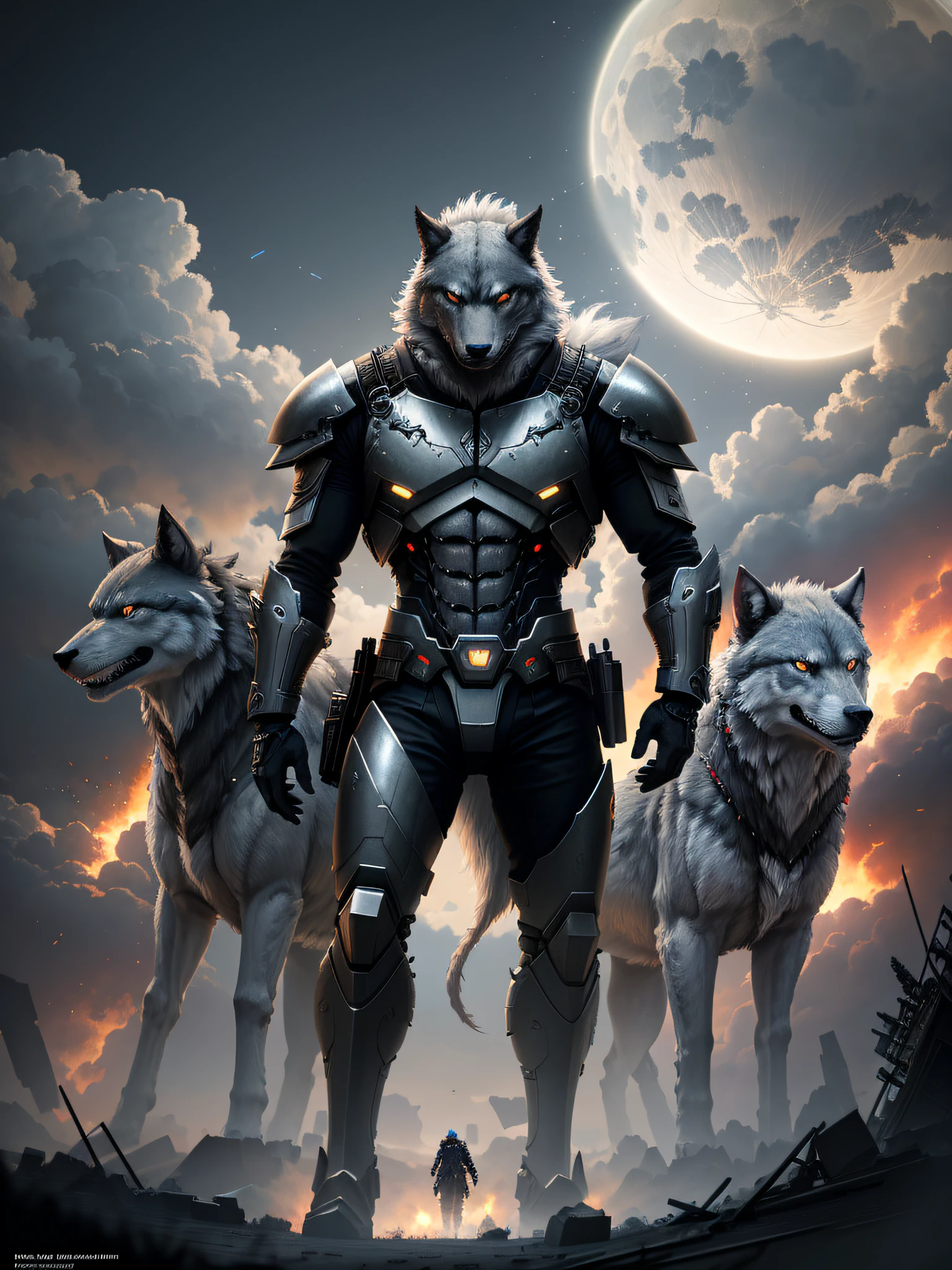 A cybernetic gray werewolf with power armor stands on the roof of the ruined building of the future world with Guan Yu's big knife in his hand, bloody red eyes, The gray werewolf held the Green Dragon Moon Knife in his hand, which was taller than his body, (Blue flames appeared on the knife), The gray werewolf stood on the roof, A battlefield overlooking a sea of fire, There is a UFO in the sky in the distance, (space ship), Ultra photo realsisim, concept-art, Intricate details, eerie, Highly detailed, rendering by octane, 8 k'', illusory engine. art by artgerm and greg rutkowski and alphonse mucha, Award-Awarded, A high resolution, Photorealistic, Best quality, 8K, Masterpiece, best quality, award winning, highres, 8k, masterpiece