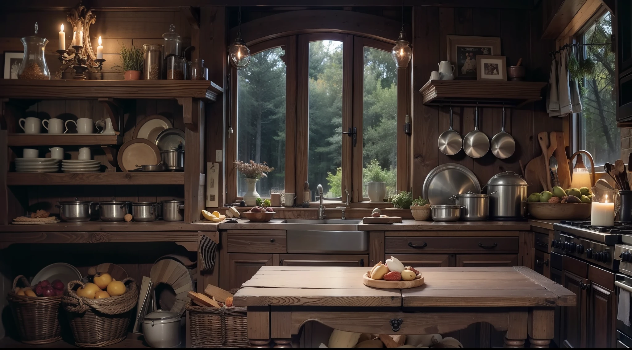 Western-style kitchen deep in a dark and mysterious forest、Close-up on the shelf、spices、nut、Dried fruits, etc.、Magical、, interior architecture, Gothic art, Verism, One-person viewpoint, From the outside, canon, Super Detail, High quality, hight resolution, 8K, Best Quality