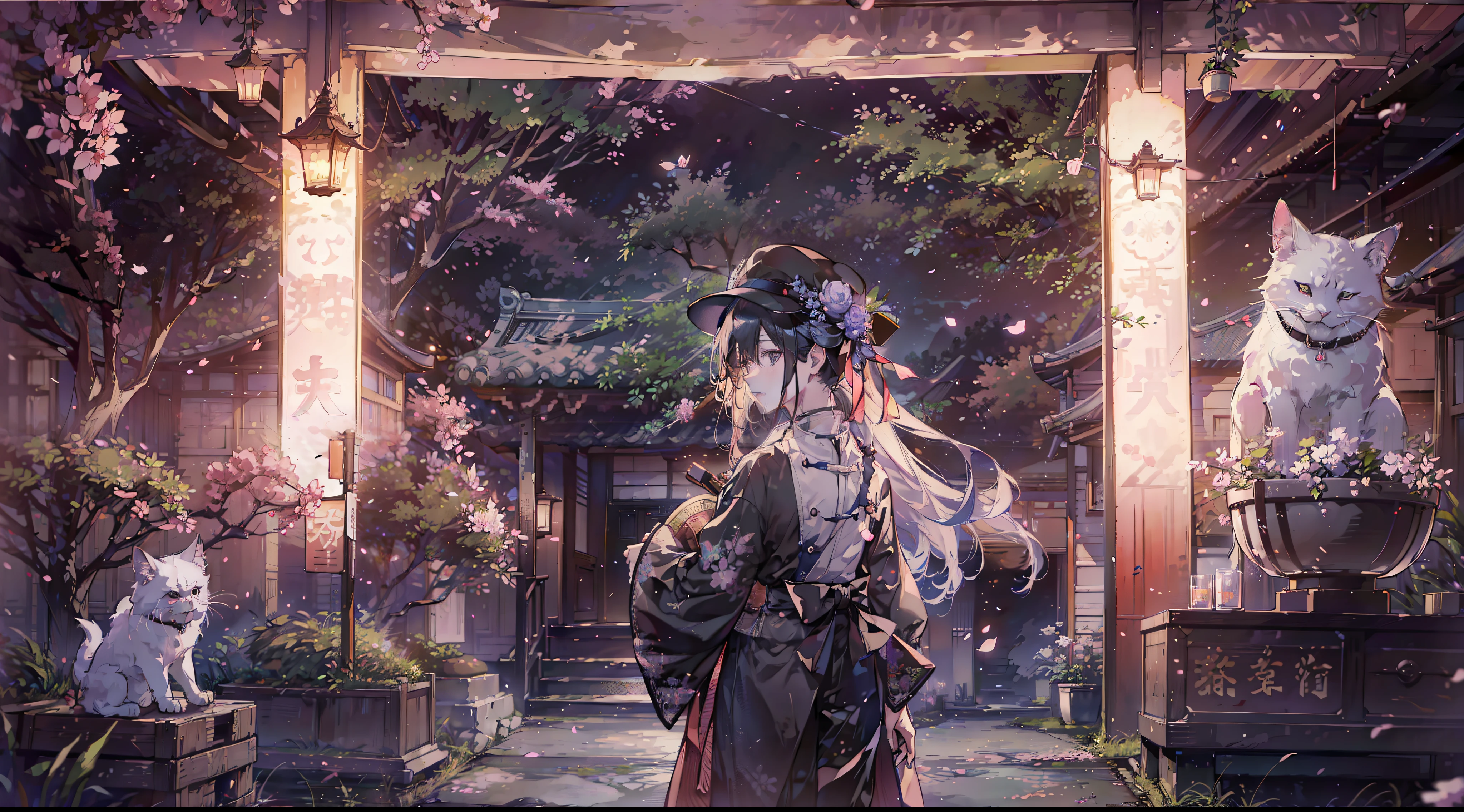 masterpiece、1 Youth、Young man with nervous expression、Young man with a melancholy expression、Young man in withered black suit and hat、Poor figure、Landscape with rusty shades、Old Japan landscape、kyoto、Meiji、Taisho、Taisho romance、stone pavement、Cats、top-quality、hightquality、Highly detailed CG Unity 8K wallpapers、art stations、Digital Illustration、with an intricate、trending、awardwinning photo、depth of fields、nffsw、chromatic abberation、真实感、A highly detailed、trends in the art station、CGsociety Trends、with an intricate、high detal、Dramatic、 8K, 16 K, top-quality, photon maping, Radio City, Photorealsitic, Elaborate CG, Physically Based Rendering, ultra realistic realistic textures, unrealengine5, motion angles、cinematlic lighting, Dramatic Writing, Professional Writing,