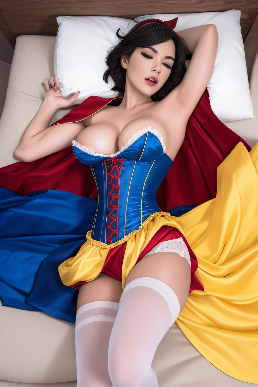 Beautiful european 18 year old woman, wearing snow white cosplay, blue silk corset, red silk cape, yellow silk pleated skater skirt, white leggings, black bob hair, red hairband, ((lying on her back)), legs akimbo, raised legs, knees close to head, legs open, white panties, touching panties, silk panties, hands on self, large breasts, touching panties, masterpiece, photorealistic, amazing detailed face, female masturbation, vibrator, masturbation, aroused, pained express on face, hands between legs