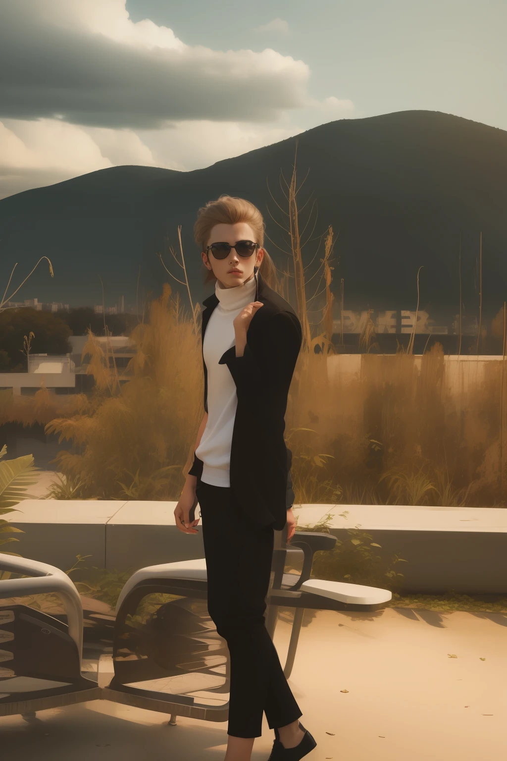 "Sunglasses in a trendy urban setting, with a sleek and stylish design, showcasing the latest fashion. Shoe"