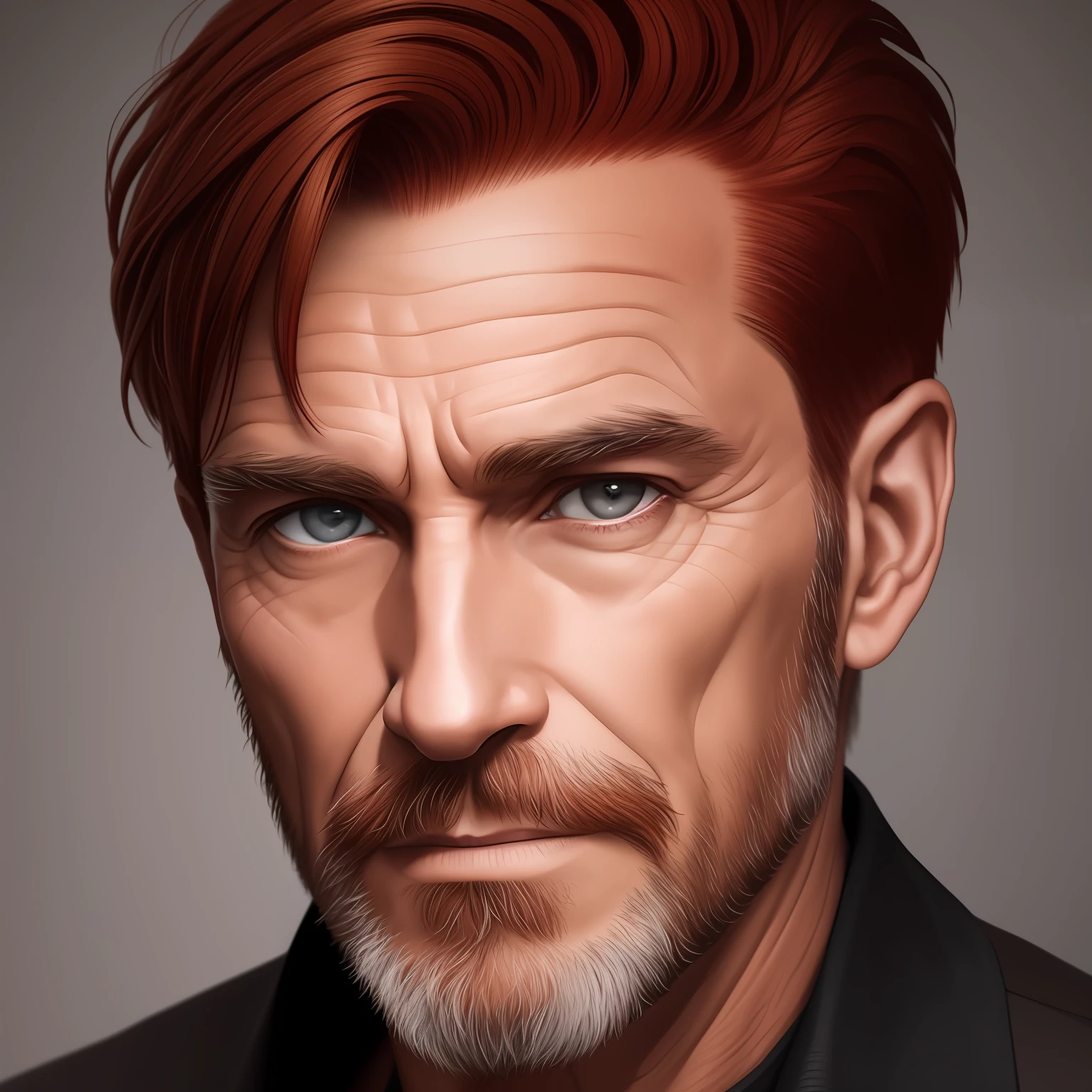 portraite of a. Man 50 years old. Brown with red hair. dark grey eyes.