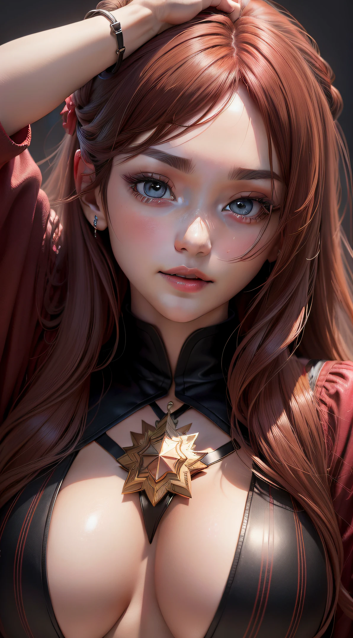 absurdres, 1girl, star eye, blush, (realistic:1.5), (masterpiece, Extremely detailed CG unity 8k wallpaper, best quality, highres:1.2), (ultra_detailed, UHD:1.2), (pixiv:1.3), perfect illumination, distinct, (bishoujo:1.2), looking at viewer, unreal engine, sidelighting, perfect face, detailed face, beautiful eyes, pretty face, (bright skin:1.3), idol, (abs), ulzzang-6500-v1.1, soft smile, upper body, (dark red hair), (simple background), ((dark background)), (depth of field), close-up, selfie