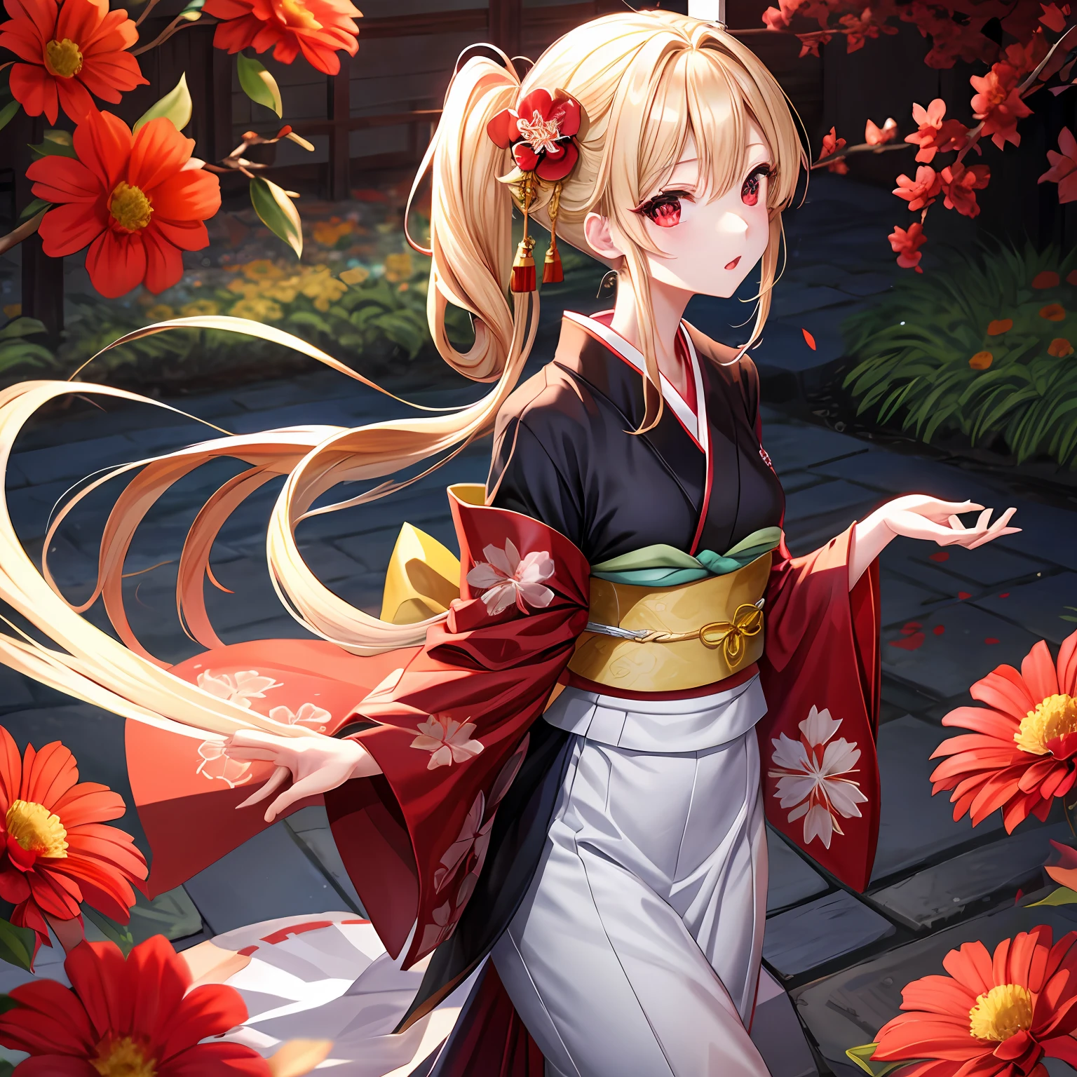 a blond、Hair is up、red eyes、One pretty girl、独奏、animesque、Dark-colored kimono、flower field