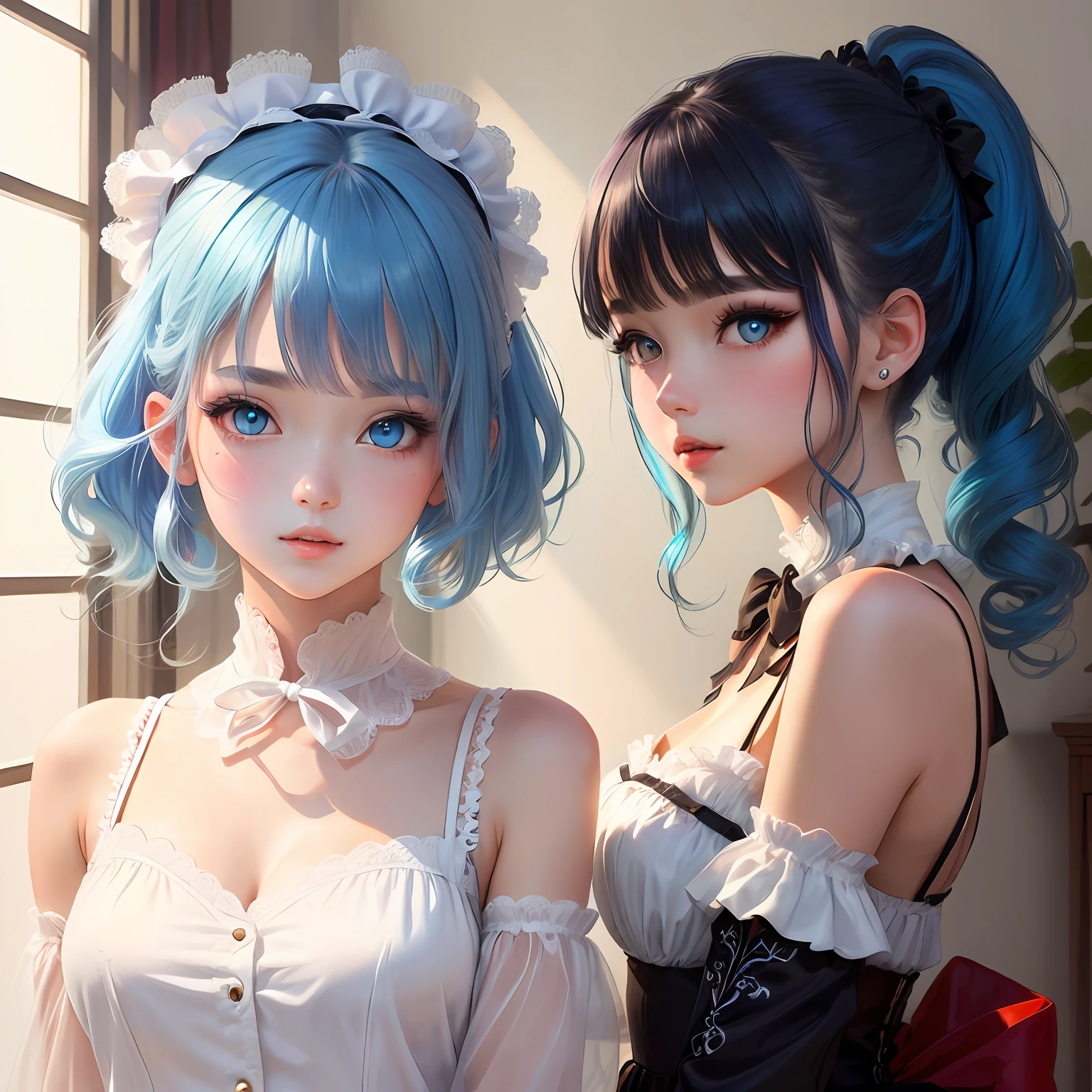 Girl, blue hair, double ponytail, red pupils, ta, white silk