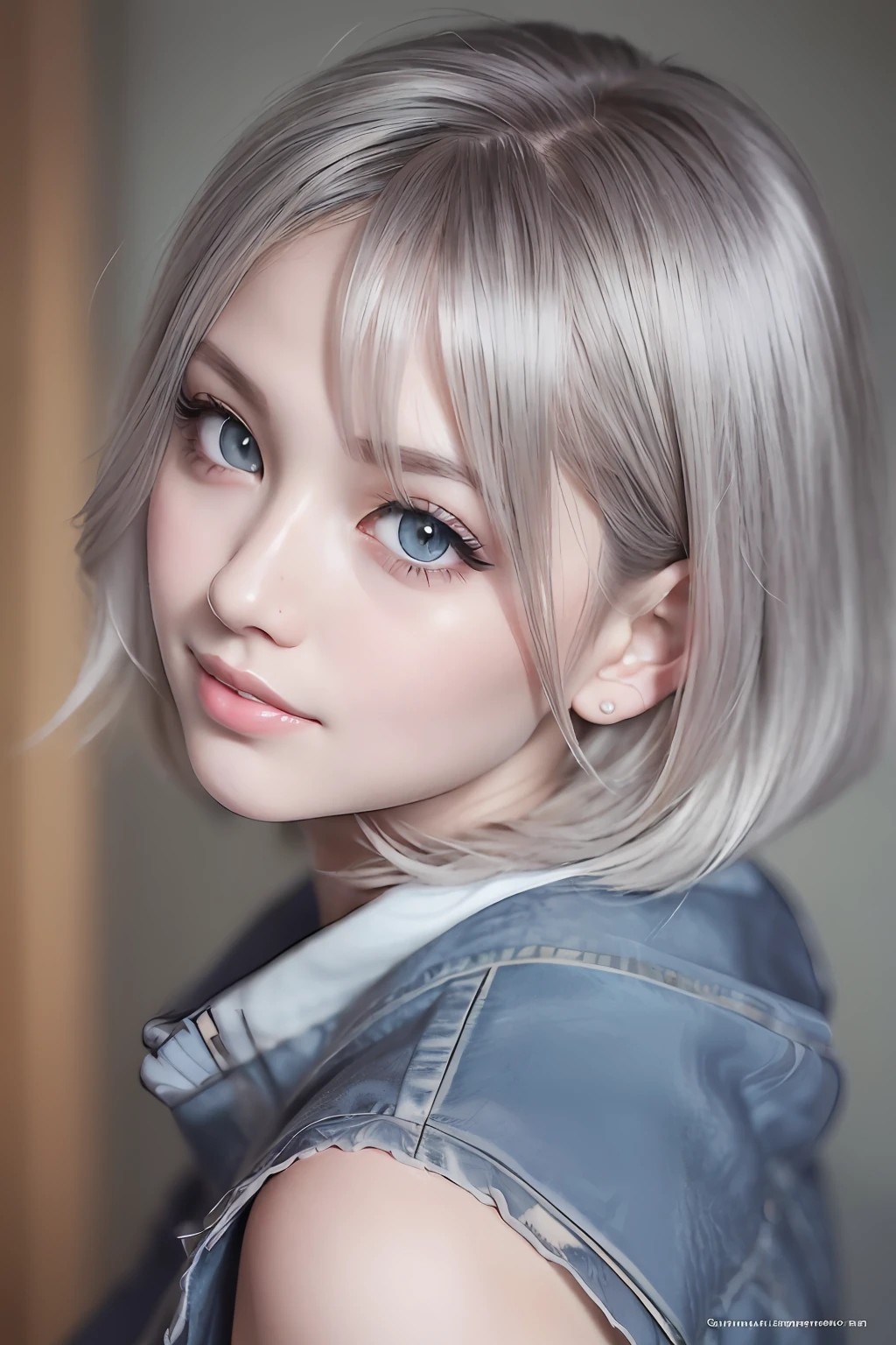 animesque、anime styled、Speciality、Moisturized eyes、Beautiful detailed eyes, (Short hair:1.2), (8K, Best Quality, masutepiece:1.2), (Realistic, Photorealsitic:1.37), Ultra-detailed, a closeup、portraitures、1 girl, Cute, Gray hair、Solo, (nose blush),(Smile:1.15),