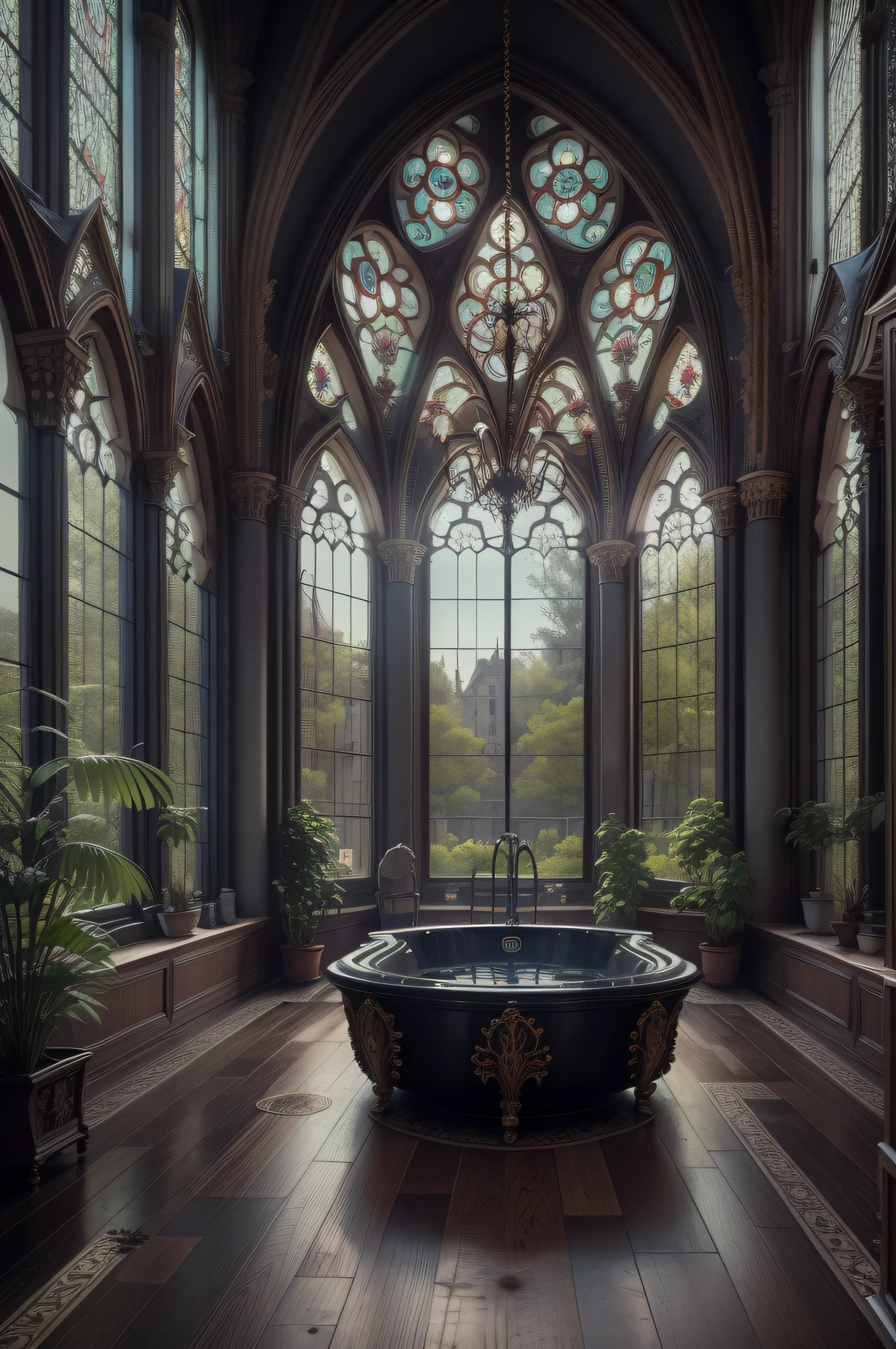 Front view of Arafed Room with a pool and a large window overlooking an orchard, Gothic interior, Gothic Revival, Gothic building style, Inspiring Gothic architecture, Gothic Mansion, Gothic mansion bedroom, Gothic aesthetic, Gothic style, exquisite architecture, Influence gothic, gothic architecture, neo-gothic concept, inside epic gothic mansion, sinister gothic aesthetic, black windows, many large windows, stunning gothic architecture. Symmetry. Natural light, cinematics, global lighting. Canon EO 6 50mm prime lens, ISO 200, f/1.8. Masterpiece, best quality, sharp focus, intricate, ultra-detailed, photorealistic. cel shading, octane rendering, uhd, dslr, 32k post processing