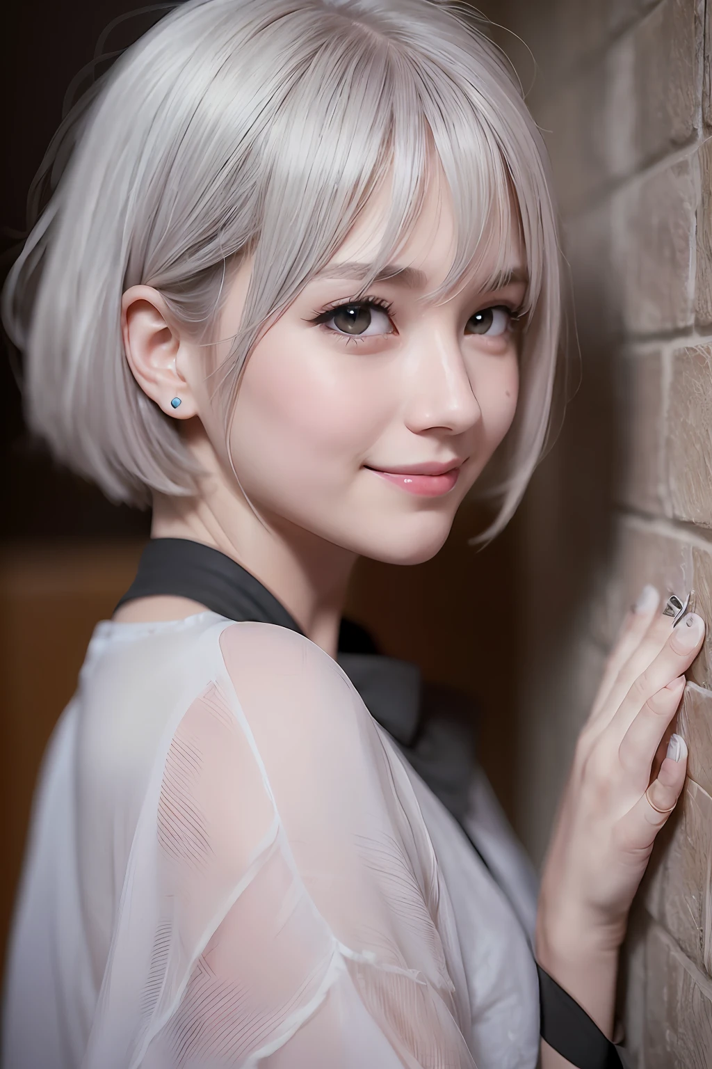 animesque、anime styled、Speciality、Moisturized eyes、Beautiful detailed eyes, (Short hair:1.2),  (8K, Best Quality, masutepiece:1.2), (Realistic, Photorealsitic:1.37), Ultra-detailed, a closeup、portraitures、1 girl, Cute, Gray hair、Solo, (nose blush),(Smile:1.15),